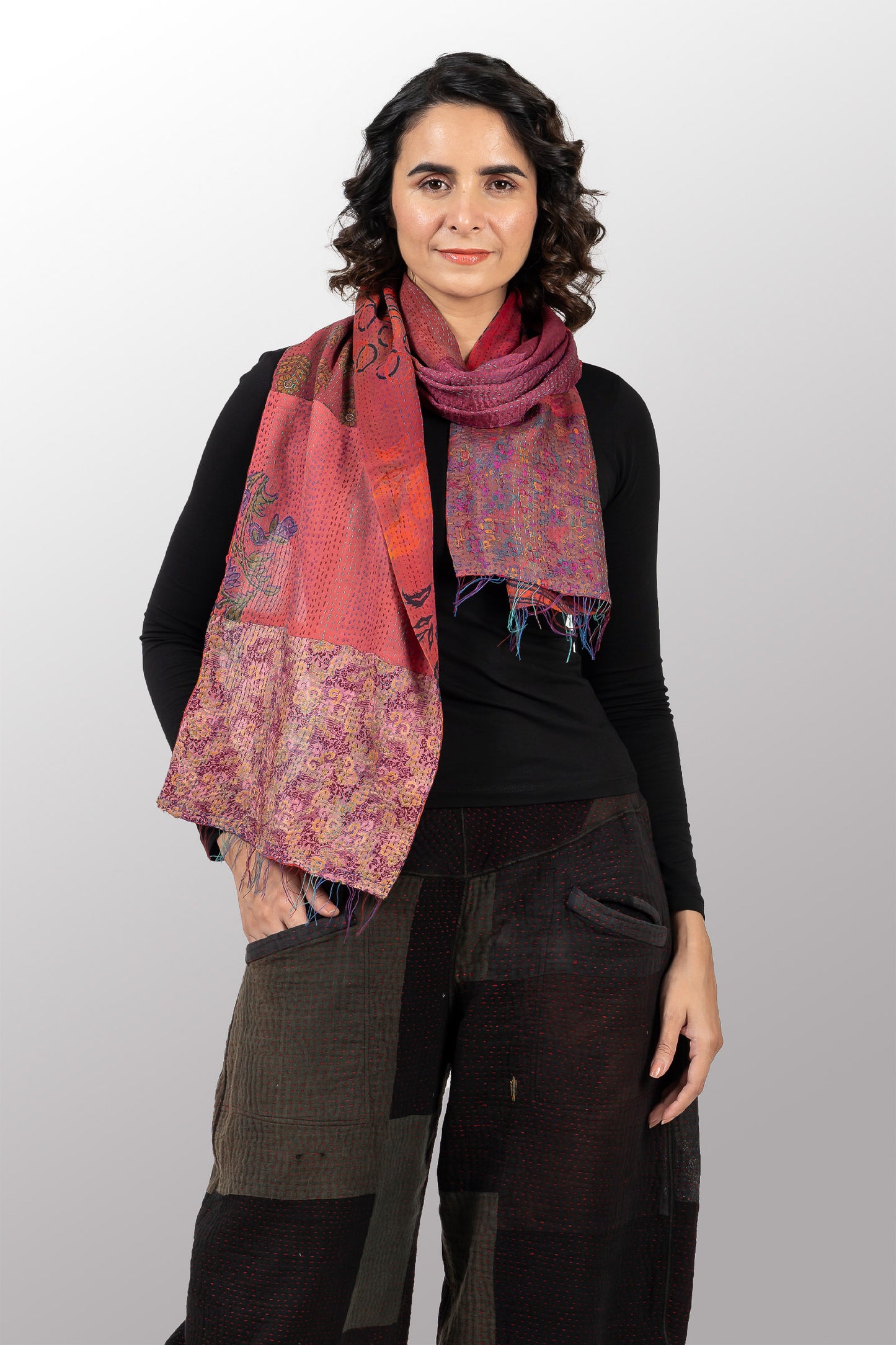 GS2805-COR / GEORGETTE VINTAGE SILK PATCH KANTHA - SCARF SHORT (AVAILABLE STOCK)