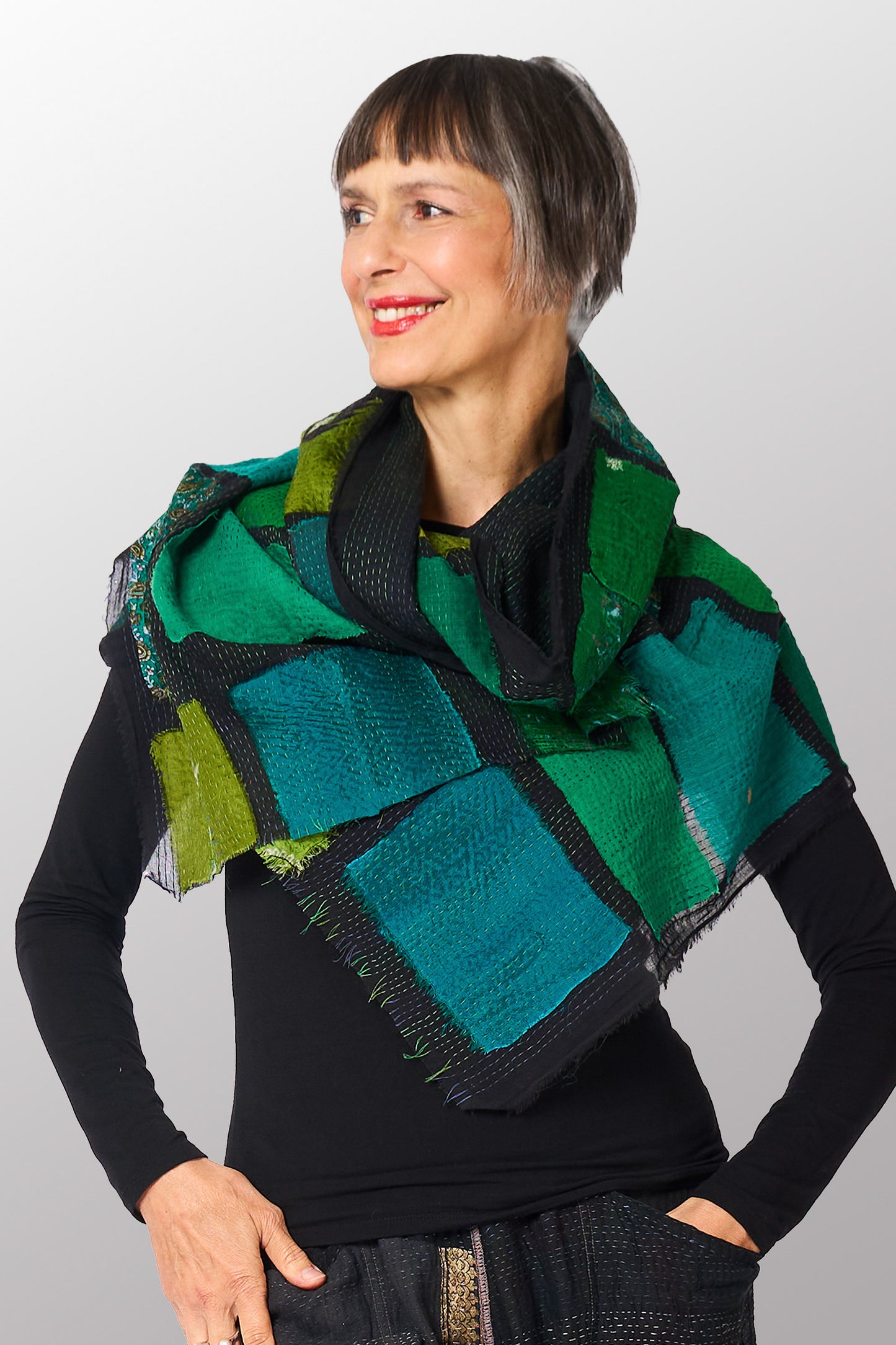 TT2801-GRN / TONAL TILE PATCH KANTHA - SCARF STANDARD (AVAILABLE STOCK)