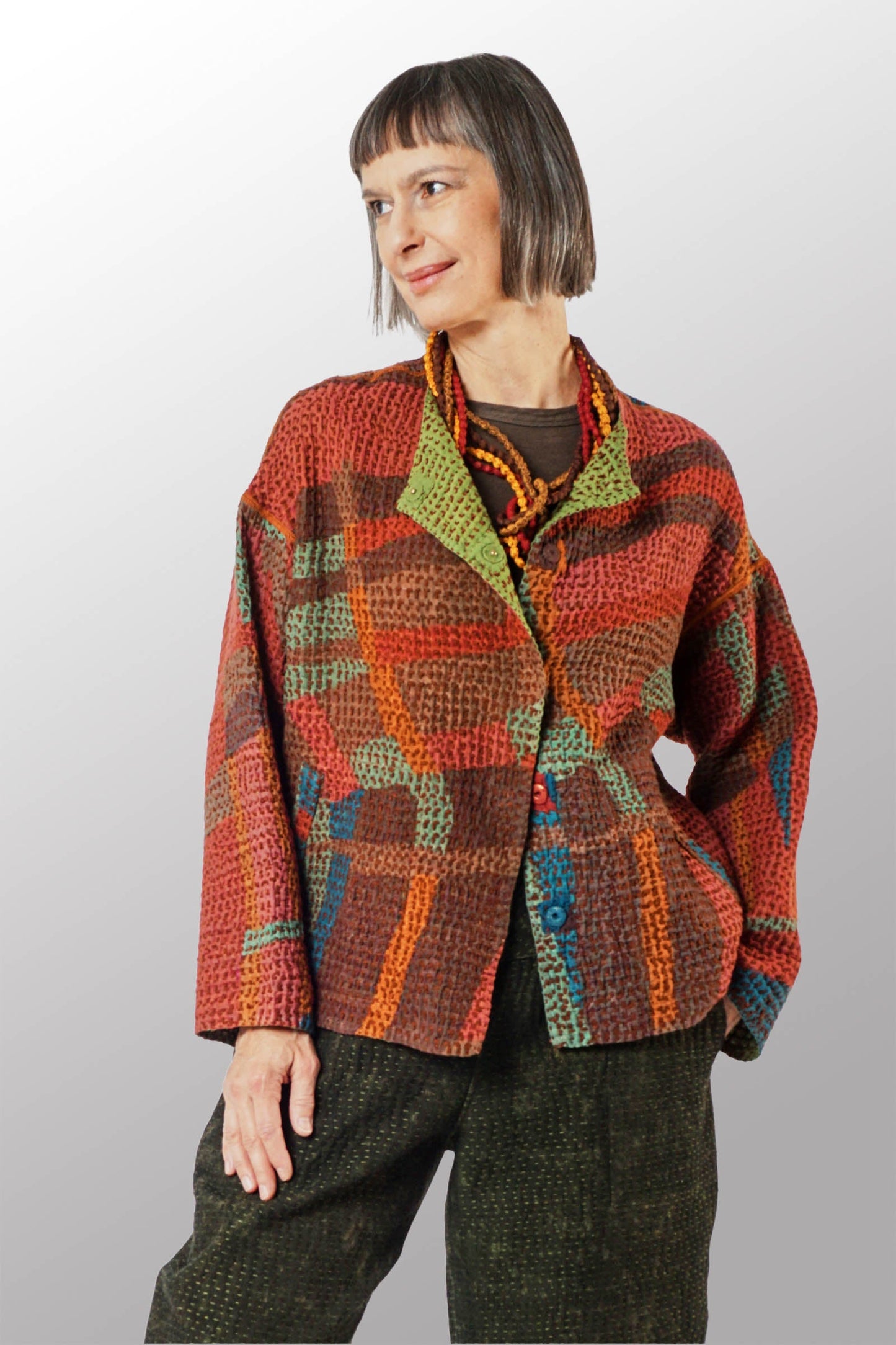 BW3970-RED / ABSTRACT WAFFLE KANTHA- (New order)