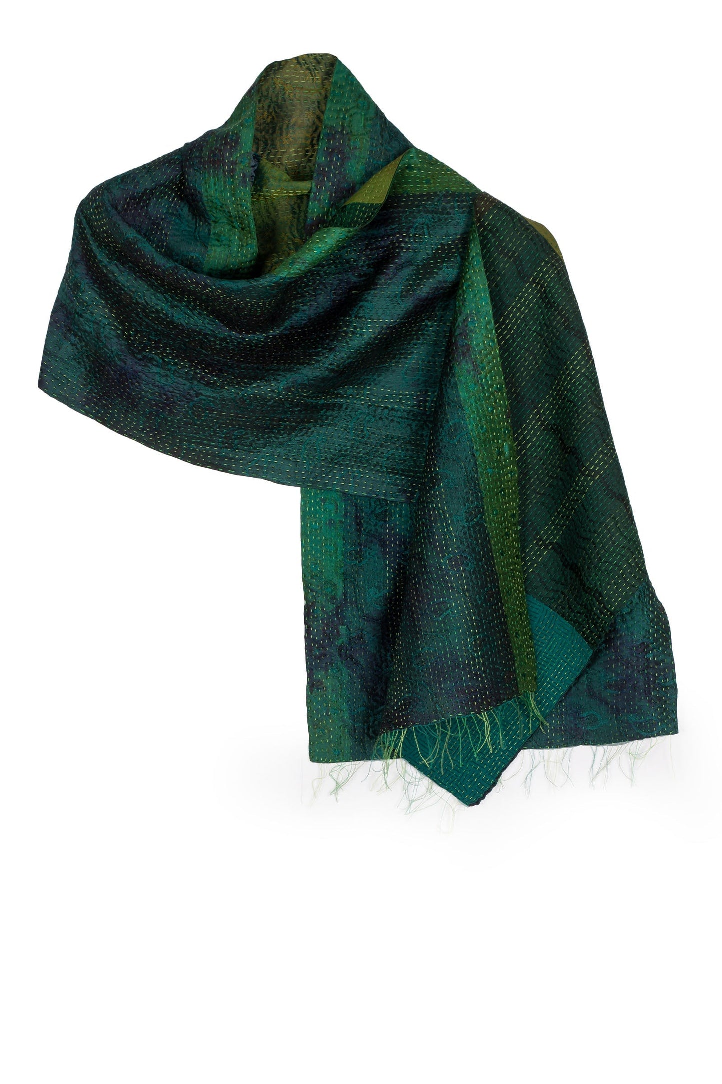 GJ2805-GRN / GEORGETTE JACQUARD VINTAGE SILK PATCH KANTHA - SCARF SHORT (AVAILABLE STOCK)