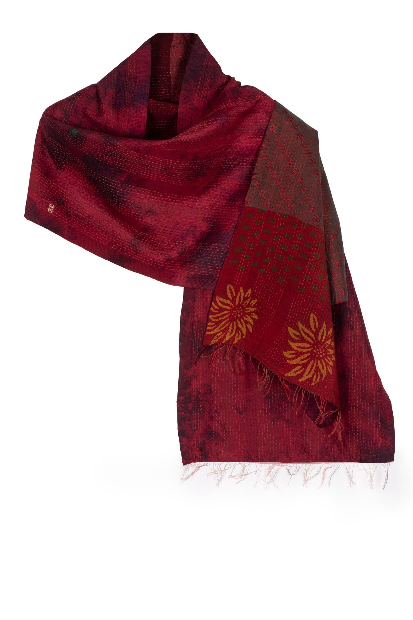 GJ2801-RED / GEORGETTE JACQUARD VINTAGE SILK PATCH KANTHA - SCARF STANDARD (AVAILABLE STOCK)