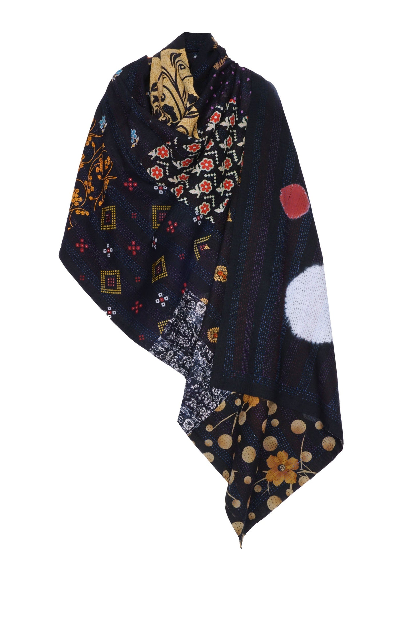 PC2803-BLK / PATCH & CIRCLE PRINT KANTHA - SHAWL LARGE (AVAILABLE STOCK)