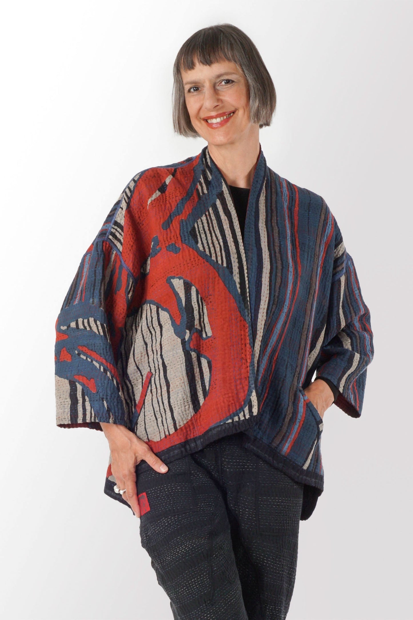 SB4970-RED / STRIPE AND BENDS KANTHA -RED- (AVAILABLE JACKETS)