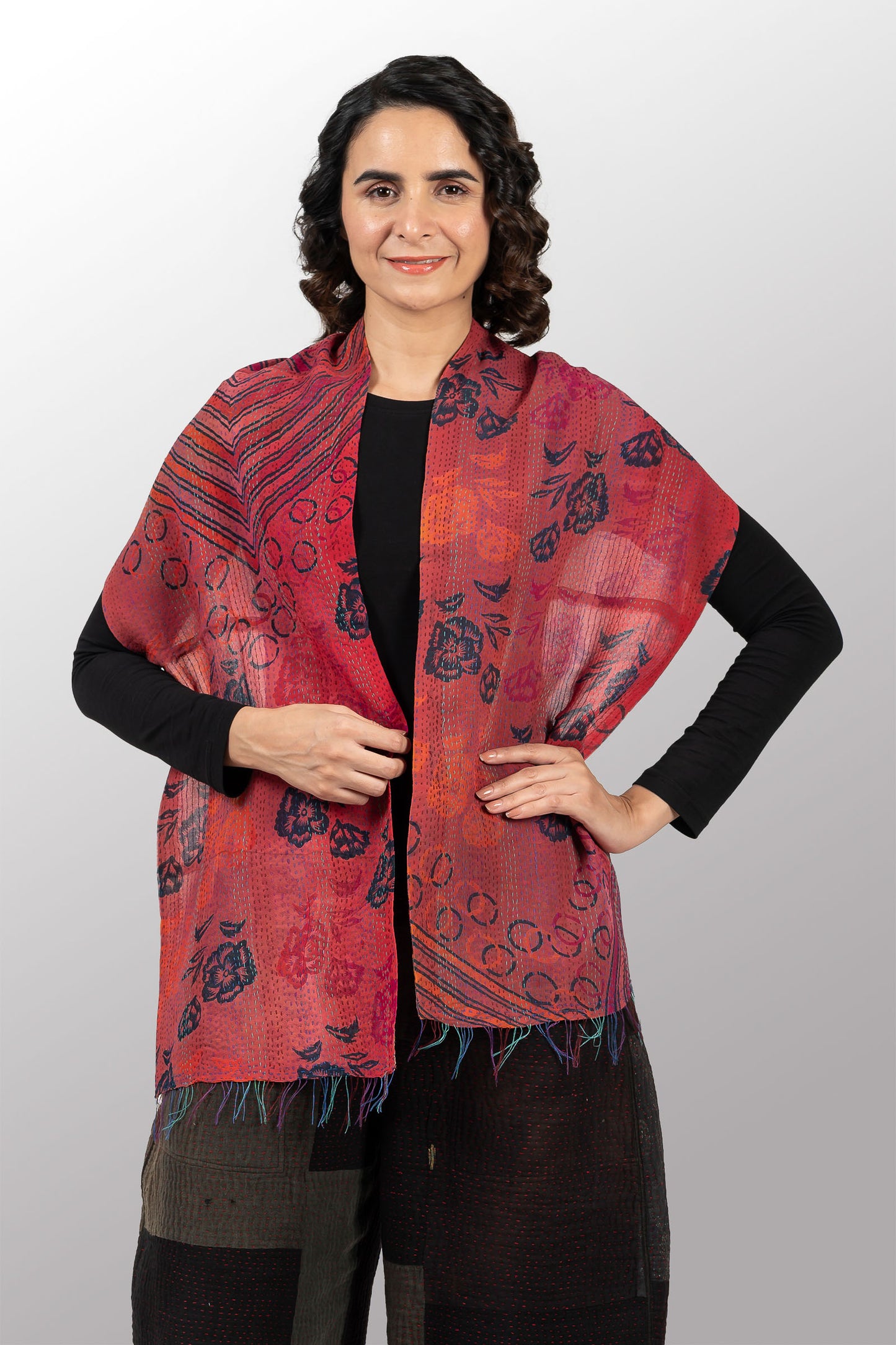 GS2805-COR / GEORGETTE VINTAGE SILK PATCH KANTHA - SCARF SHORT (AVAILABLE STOCK)