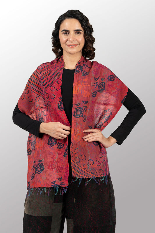 GS2805-COR / GEORGETTE VINTAGE SILK PATCH KANTHA - SCARF SHORT (AVAILABLE STOCK)