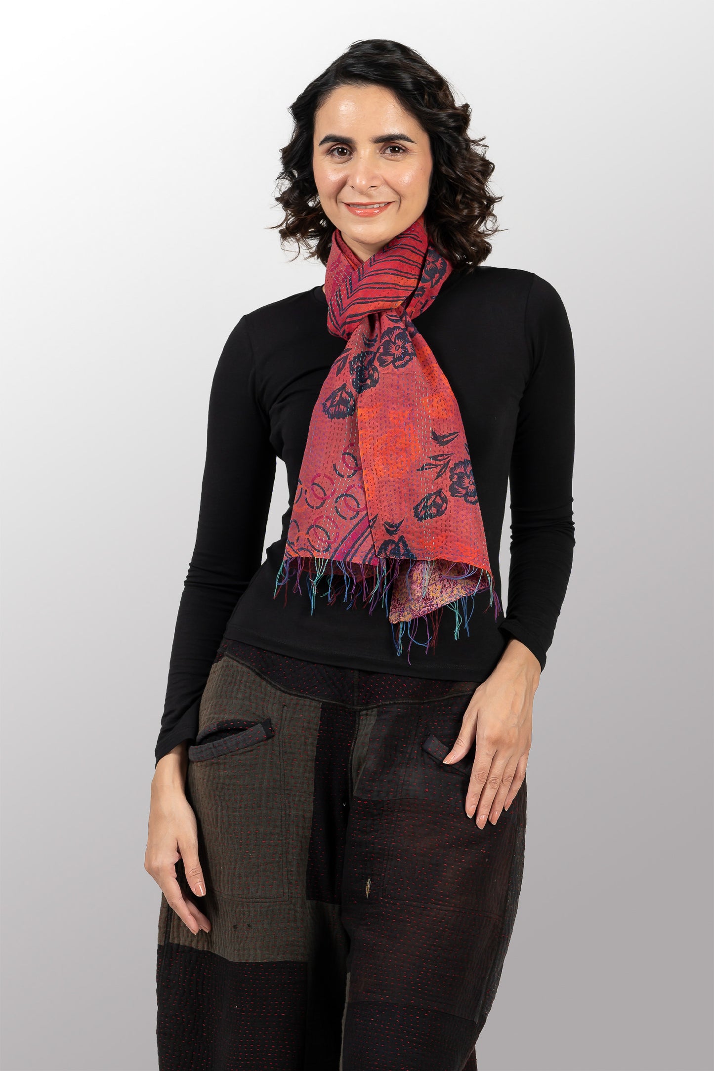 GS2805-COR / GEORGETTE VINTAGE SILK PATCH KANTHA - SCARF SHORT (AVAILABLE STOCK)