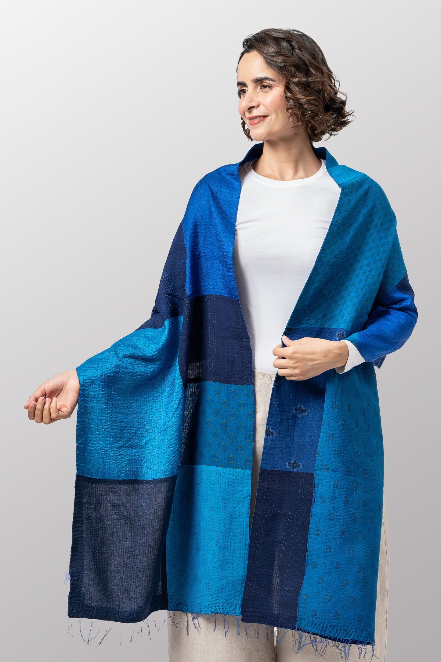 WO2801-BLU / COTTON SILK SW PATCH OMBRE KANTHA - SCARF STANDARD (AVAILABLE STOCK)