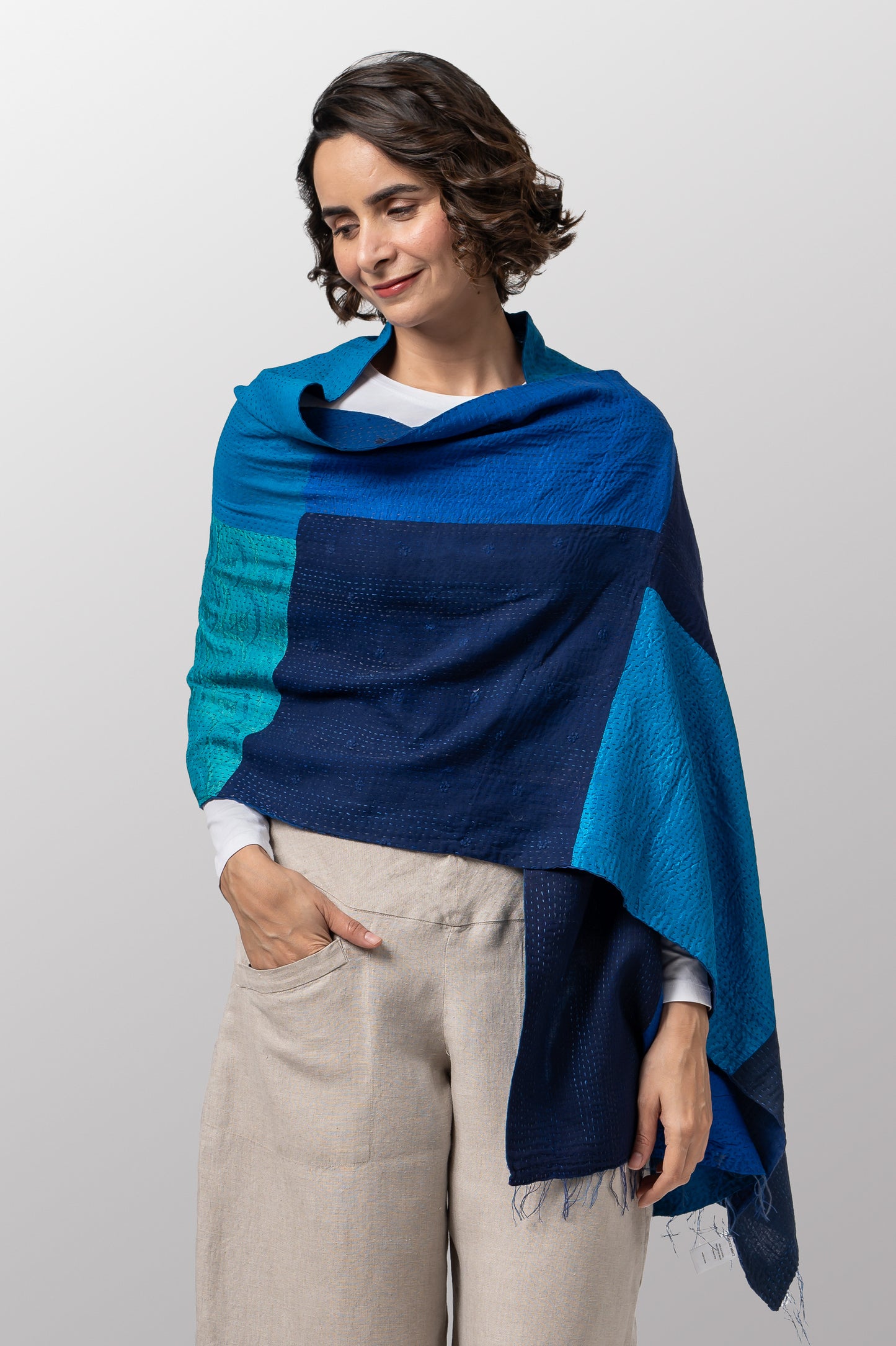WO2801-BLU / COTTON SILK SW PATCH OMBRE KANTHA - SCARF STANDARD (AVAILABLE STOCK)