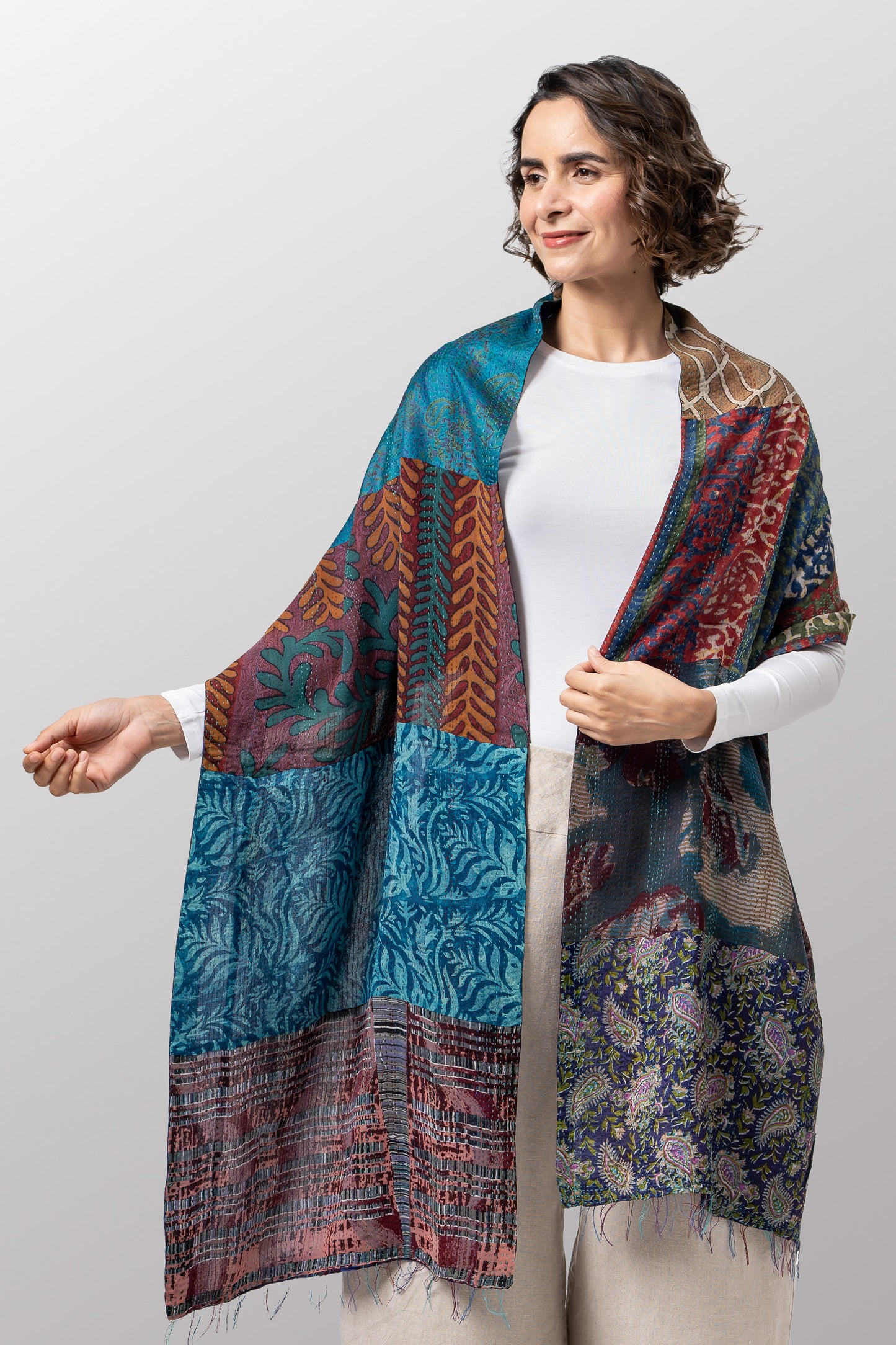 GS2801-TEL / GEORGETTE VINTAGE SILK PATCH KANTHA - SCARF STANDARD (AVAILABLE STOCK)