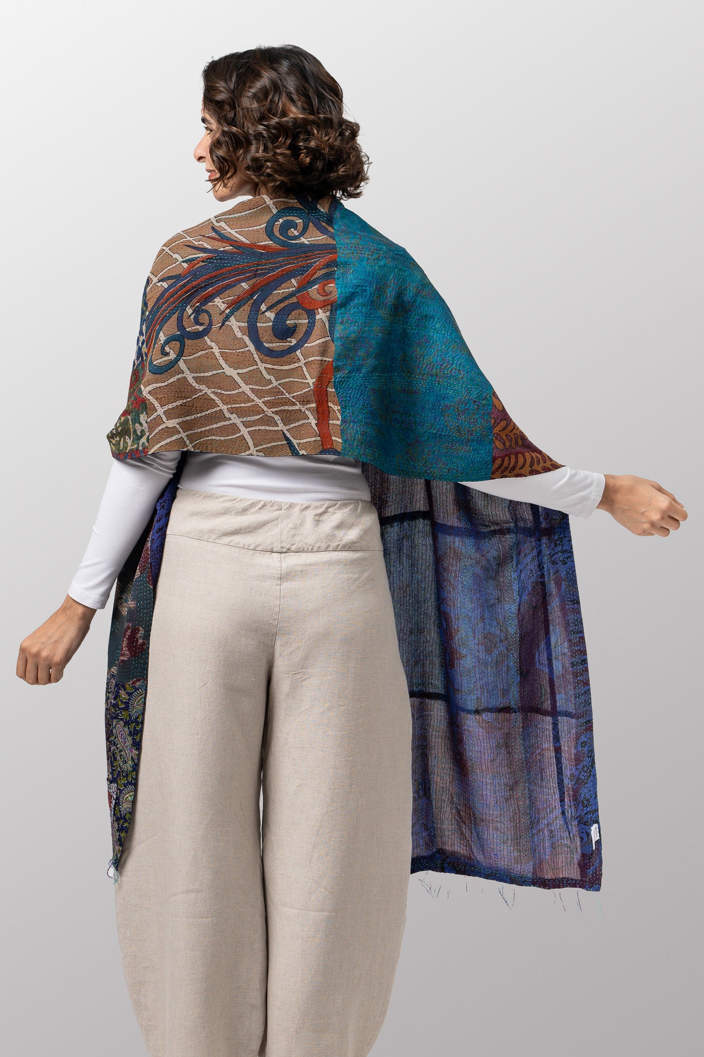GS2801-TEL / GEORGETTE VINTAGE SILK PATCH KANTHA - SCARF STANDARD (AVAILABLE STOCK)