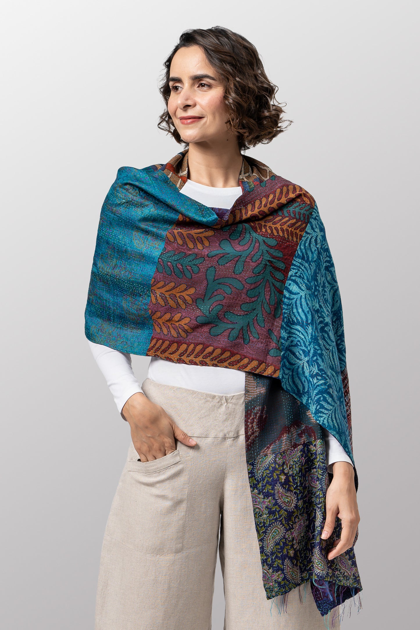 GS2801-TEL / GEORGETTE VINTAGE SILK PATCH KANTHA - SCARF STANDARD (AVAILABLE STOCK)