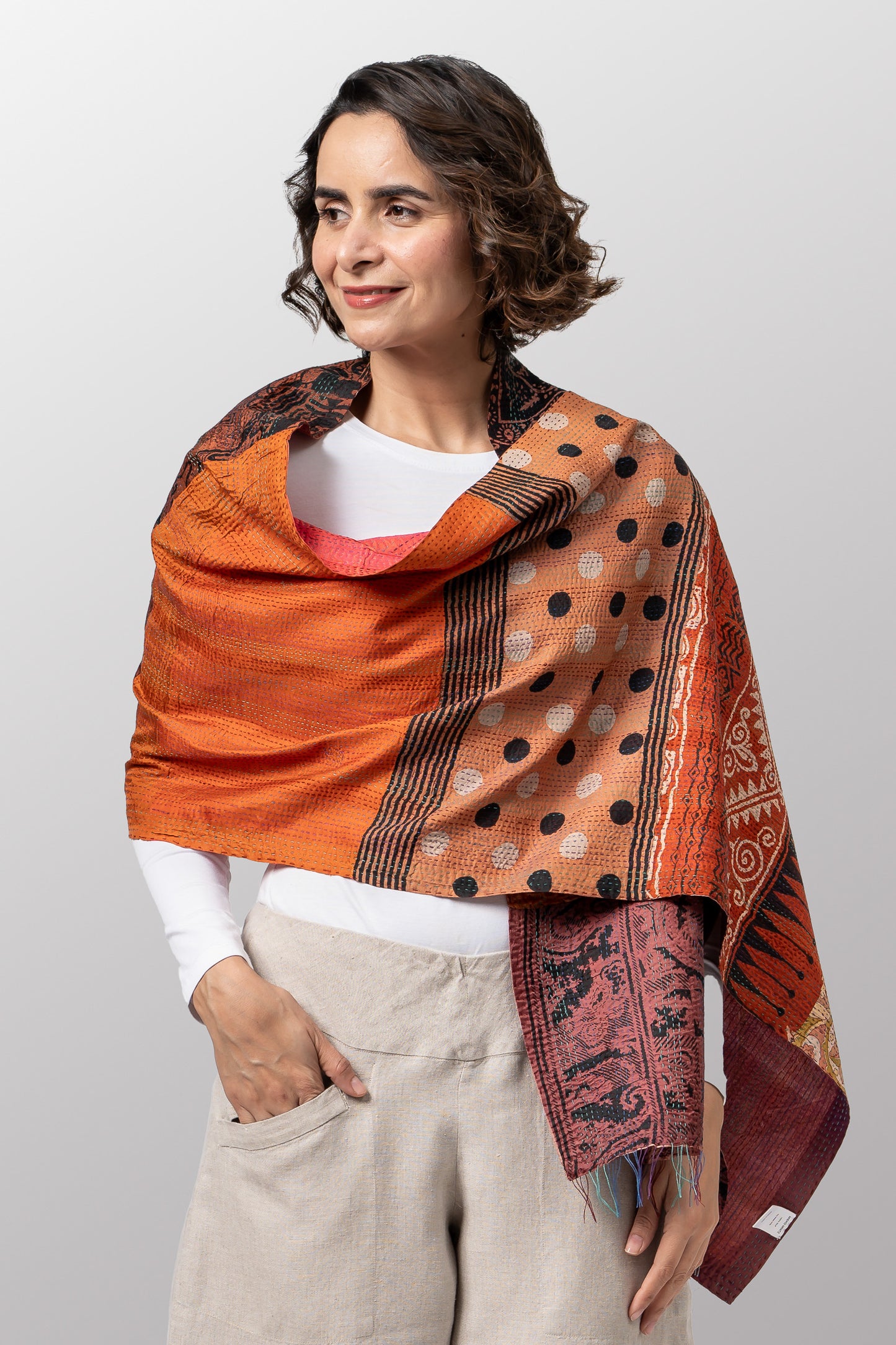 VP2801-YLW / VINTAGE SILK PATCH KANTHA - SCARF STANDARD (AVAILABLE STOCK)