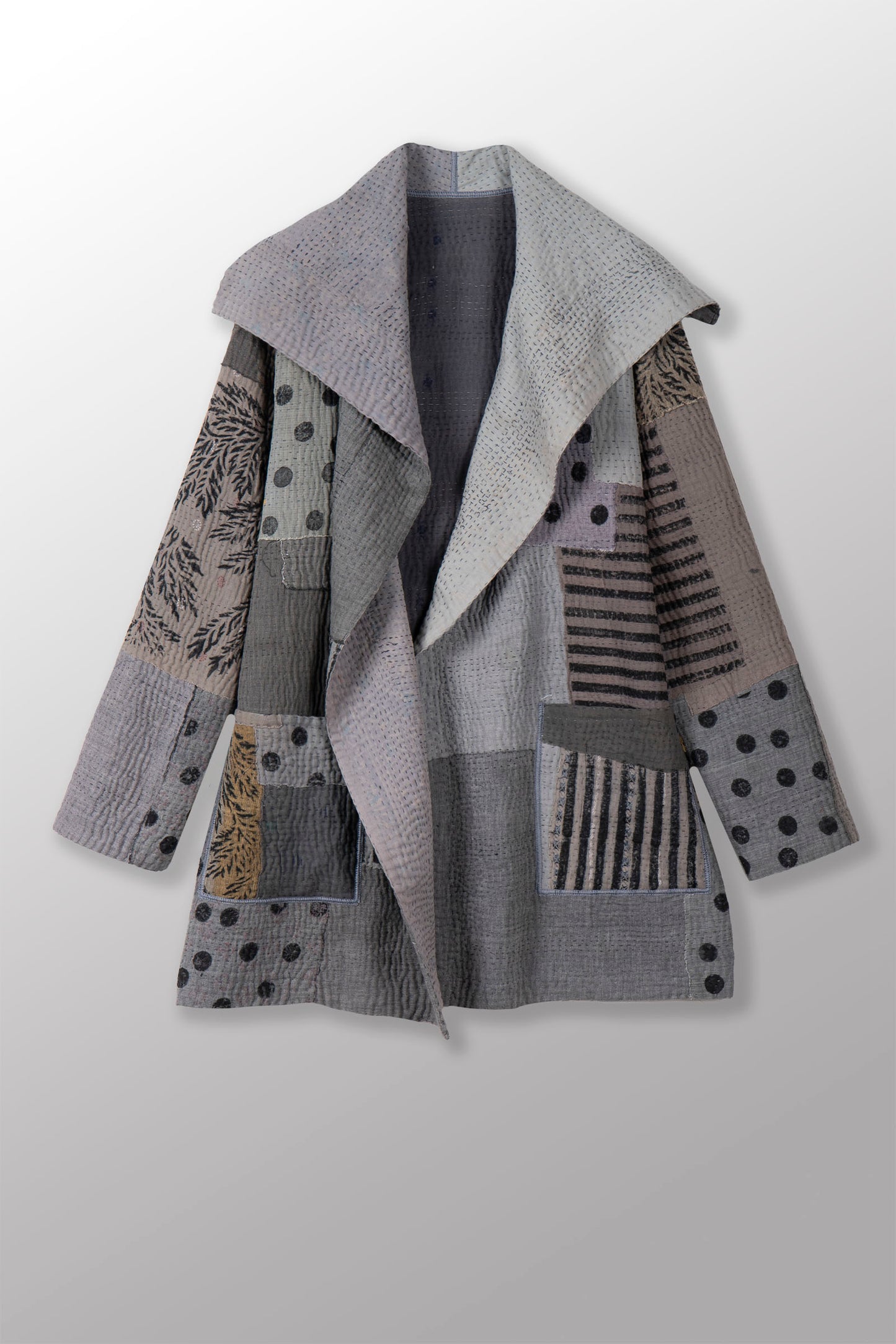 SP-FI2971-GRY / FRAYED PATCH KANTHA WITH BLOCK STAMP -GRY (AVAILABLE JACKETS)