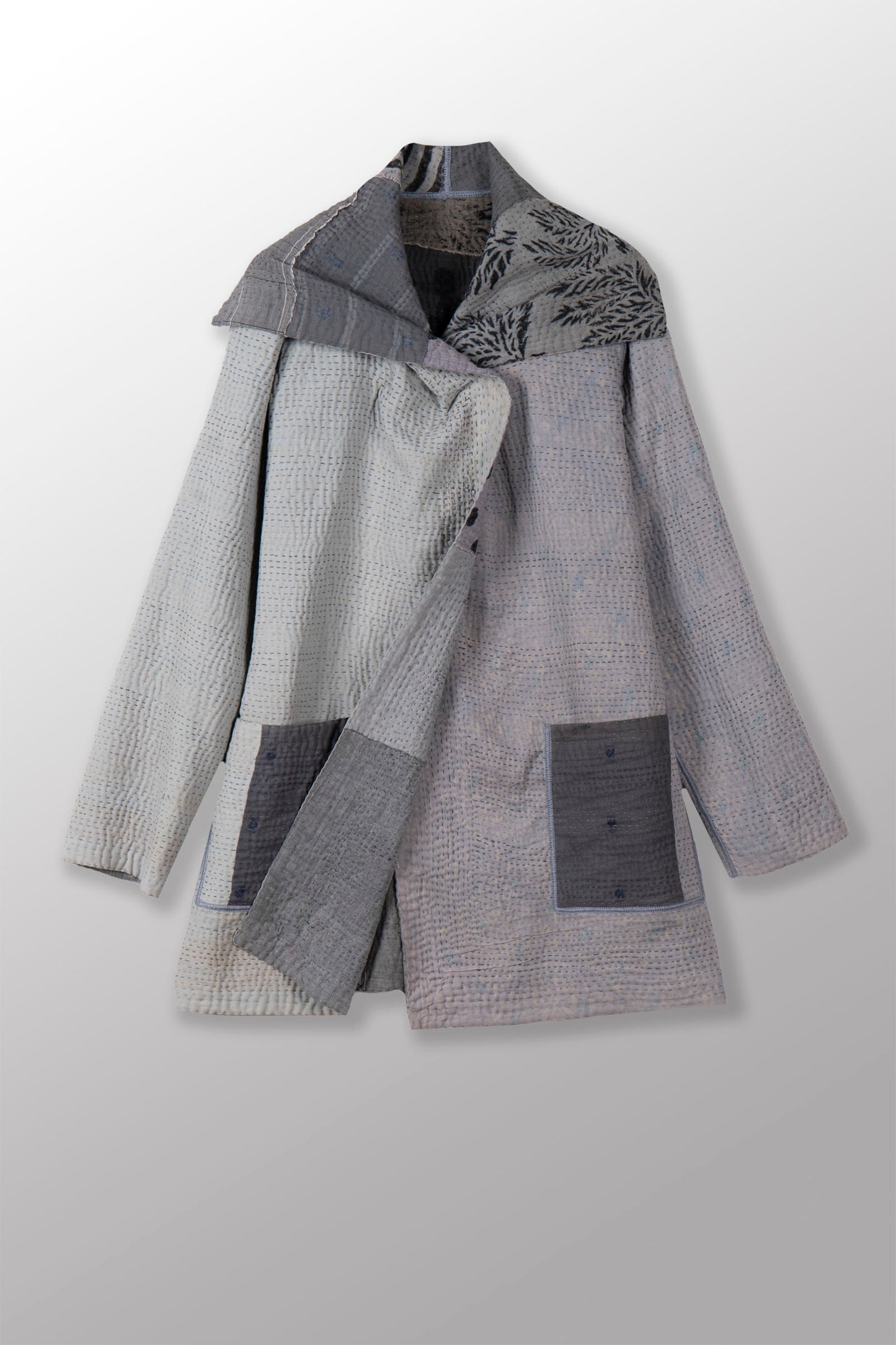 SP-FI2971-GRY / FRAYED PATCH KANTHA WITH BLOCK STAMP -GRY (AVAILABLE JACKETS)