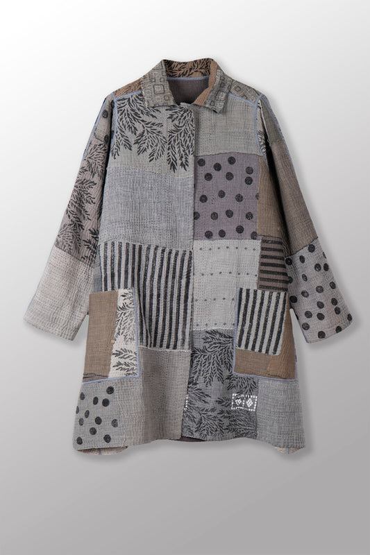 SP-FI4970-GRY / FRAYED PATCH KANTHA WITH BLOCK STAMP -GRY (AVAILABLE JACKETS) AH HOLIDAY TRUNK SHOW-2025