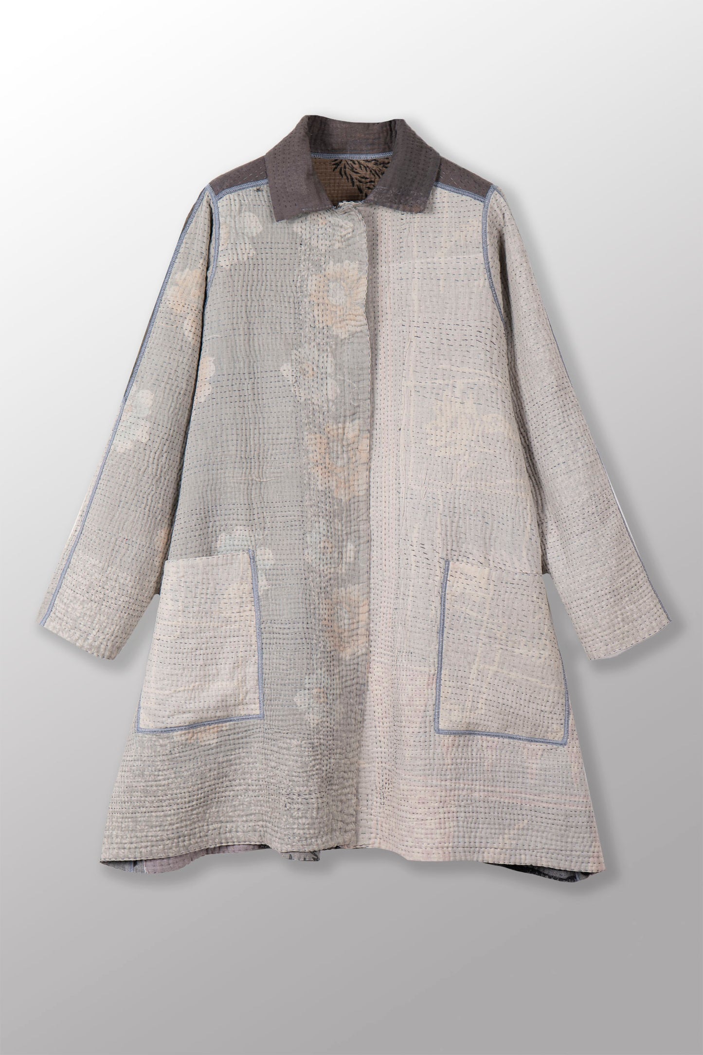 SP-FI4970-GRY / FRAYED PATCH KANTHA WITH BLOCK STAMP -GRY (AVAILABLE JACKETS) AH HOLIDAY TRUNK SHOW-2025