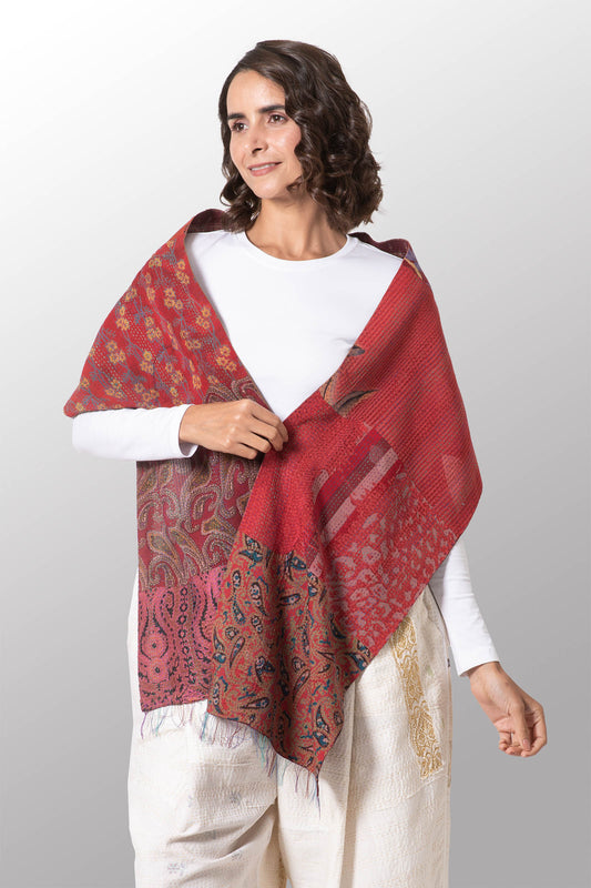 GS2805-MAR / GEORGETTE VINTAGE SILK PATCH KANTHA - SCARF SHORT (AVAILABLE STOCK)
