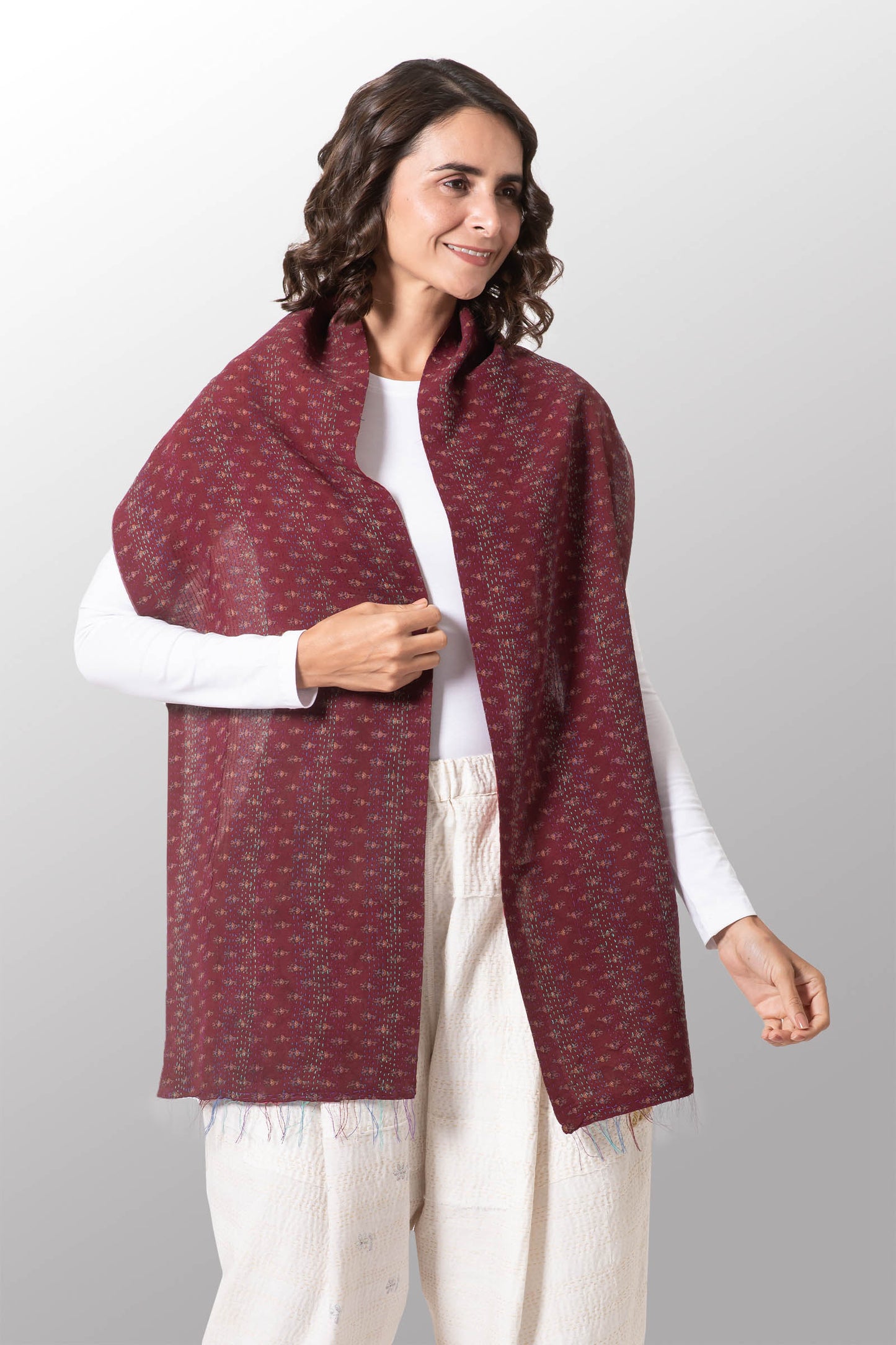 GS2805-MAR / GEORGETTE VINTAGE SILK PATCH KANTHA - SCARF SHORT (AVAILABLE STOCK)