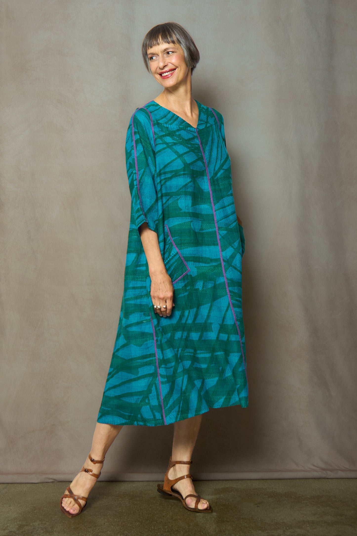 OV-MG2970-TUQ / MARIGOLD PRINT WITH OVERDYE KANTHA (AVAILABLE JACKETS)