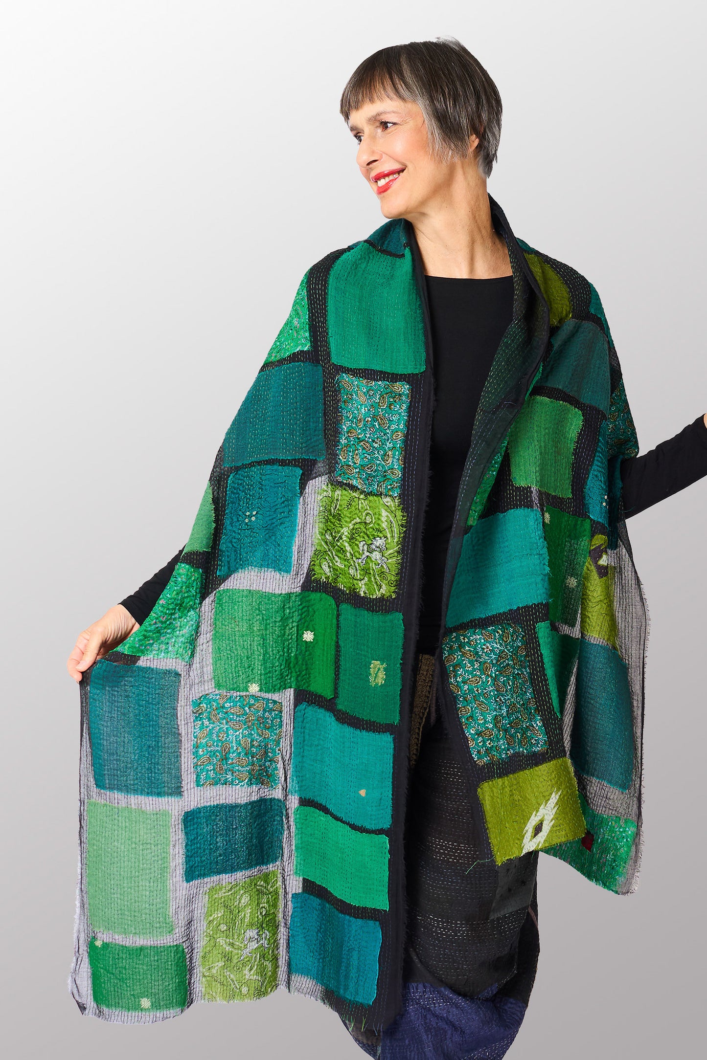 TT2801-GRN / TONAL TILE PATCH KANTHA - SCARF STANDARD (AVAILABLE STOCK)