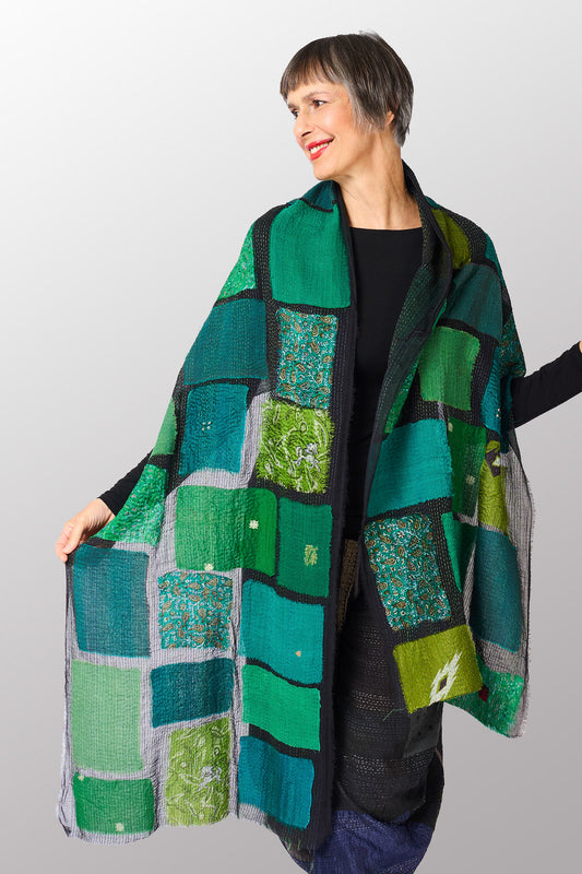 TT2801-GRN / TONAL TILE PATCH KANTHA - SCARF STANDARD (AVAILABLE STOCK)
