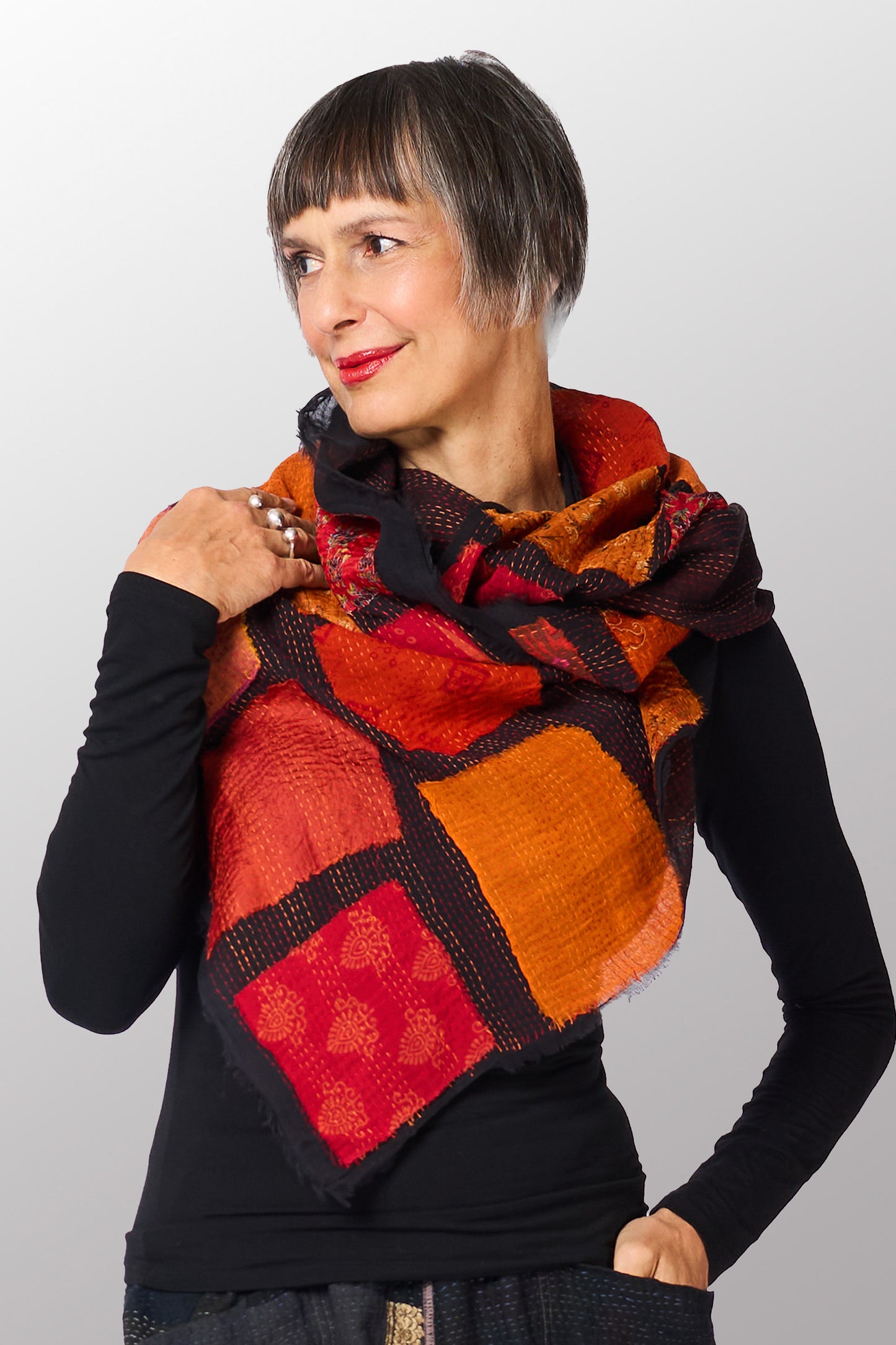 TT2801-ORG / TONAL TILE PATCH KANTHA - SCARF STANDARD (AVAILABLE STOCK)