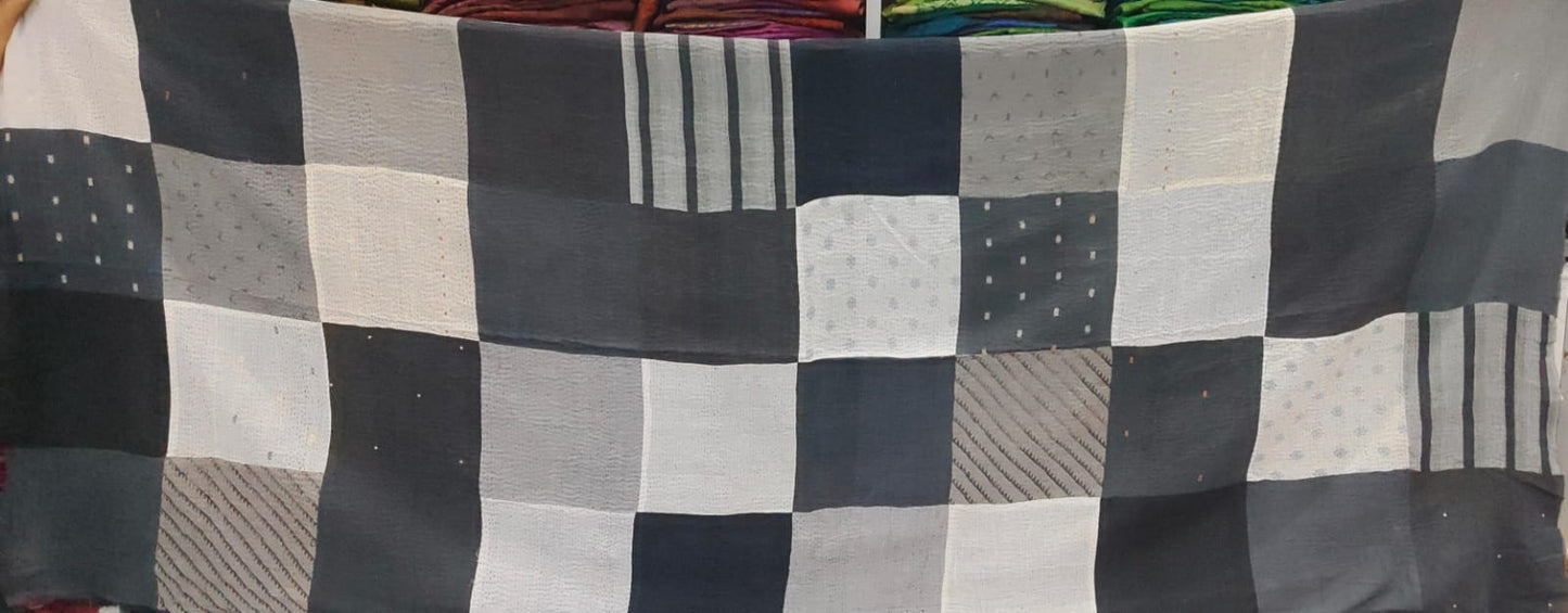 SS4970-BLK / STRIPE AND CHECH COTTON SILK PATCH KANTHA -BLK- (AVAILABLE JACKETS)