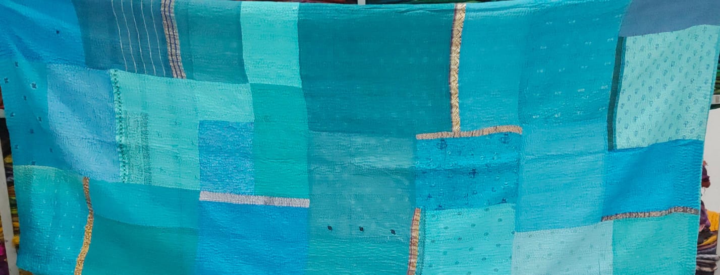 WS2803-TUQ / COTTON SILK SW PATCH KANTHA - SHAWL LARGE (AVAILABLE STOCK)