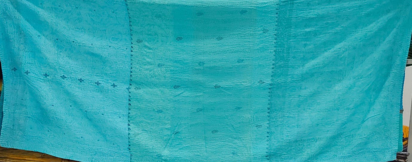 WS2803-TUQ / COTTON SILK SW PATCH KANTHA - SHAWL LARGE (AVAILABLE STOCK)