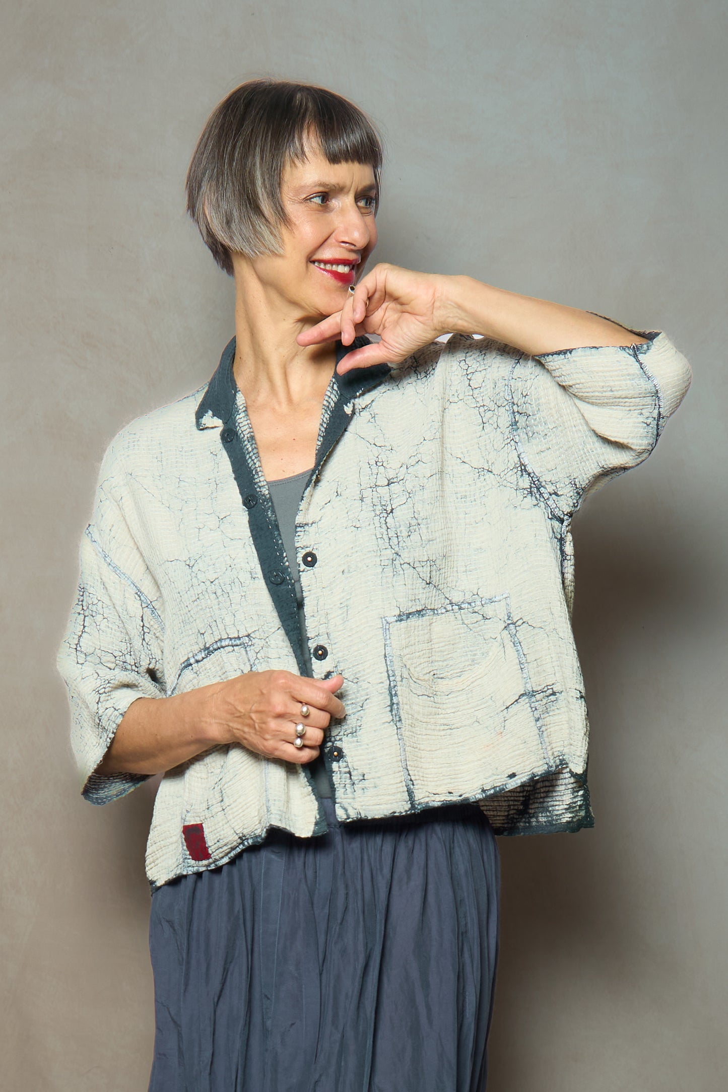 YP2971-GRY / MUD DYE RIPPLE KANTHA (AVAILABLE JACKETS)