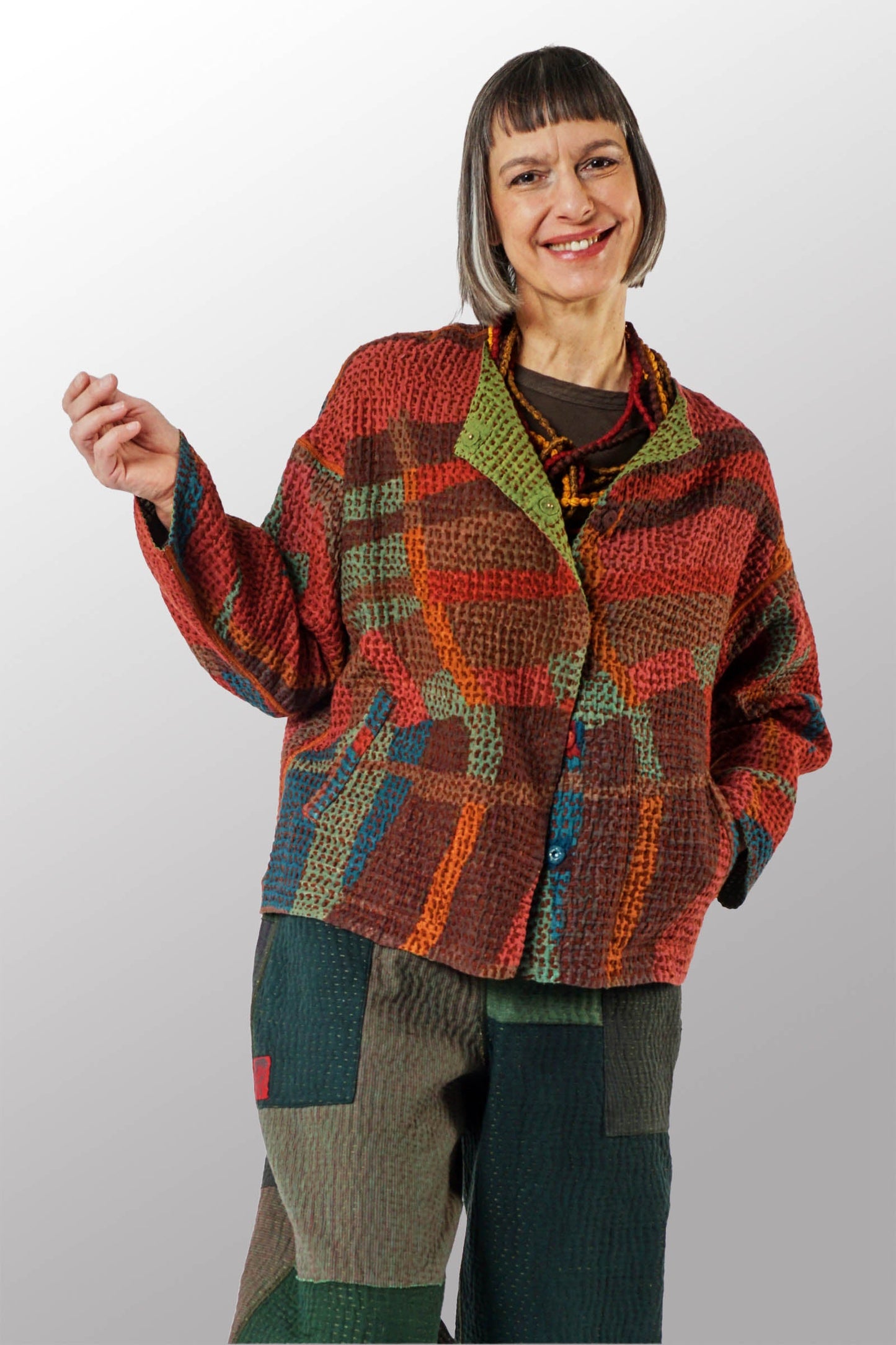 BW3970-RED / ABSTRACT WAFFLE KANTHA- (New order)