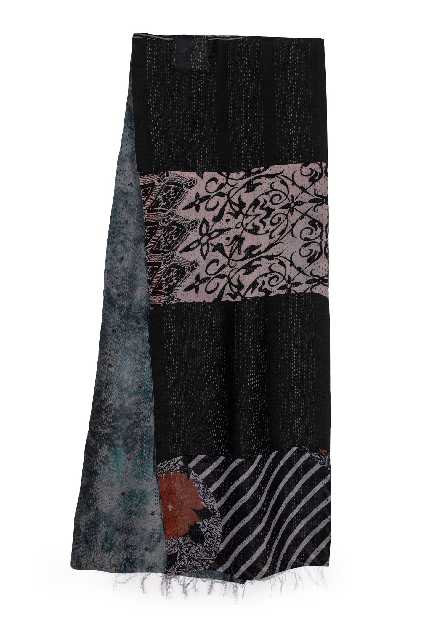 GJ2805-BLK / GEORGETTE JACQUARD VINTAGE SILK PATCH KANTHA - SCARF SHORT (AVAILABLE STOCK)
