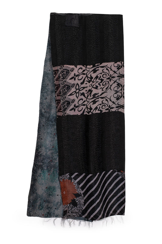 GJ2805-BLK / GEORGETTE JACQUARD VINTAGE SILK PATCH KANTHA - SCARF SHORT (AVAILABLE STOCK)