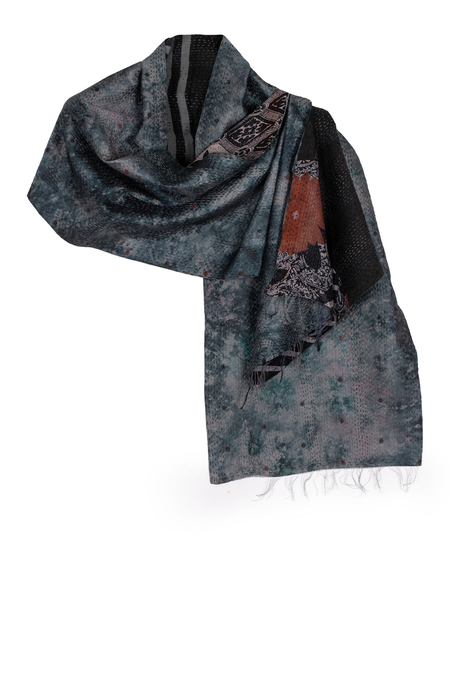 GJ2805-BLK / GEORGETTE JACQUARD VINTAGE SILK PATCH KANTHA - SCARF SHORT (AVAILABLE STOCK)