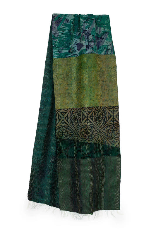 GJ2805-GRN / GEORGETTE JACQUARD VINTAGE SILK PATCH KANTHA - SCARF SHORT (AVAILABLE STOCK)