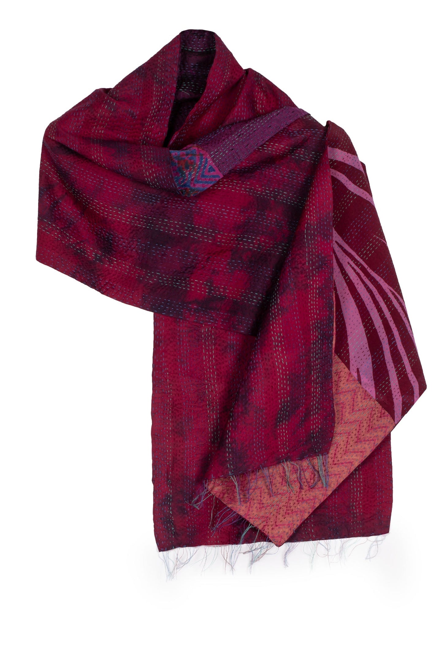 GJ2805-PIK / GEORGETTE JACQUARD VINTAGE SILK PATCH KANTHA - SCARF SHORT (AVAILABLE STOCK)