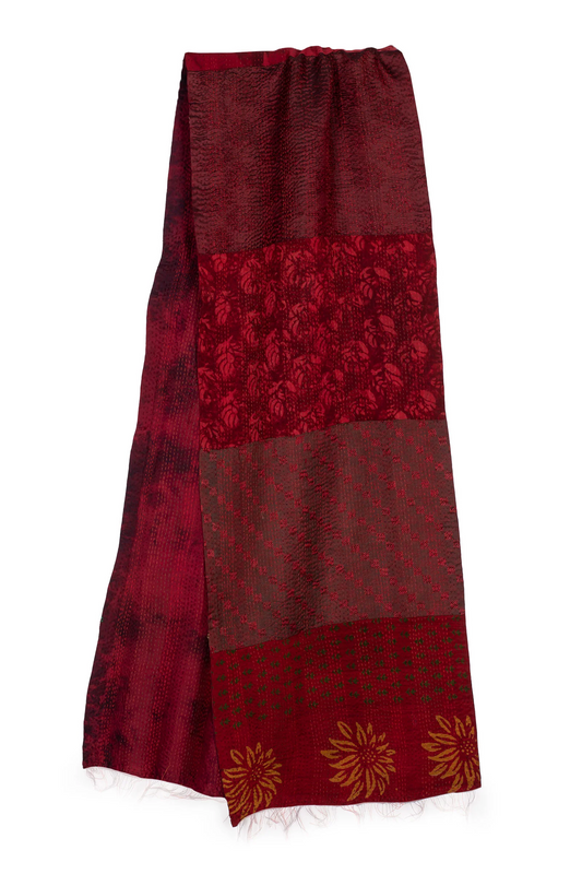 GJ2801-RED / GEORGETTE JACQUARD VINTAGE SILK PATCH KANTHA - SCARF STANDARD (AVAILABLE STOCK)