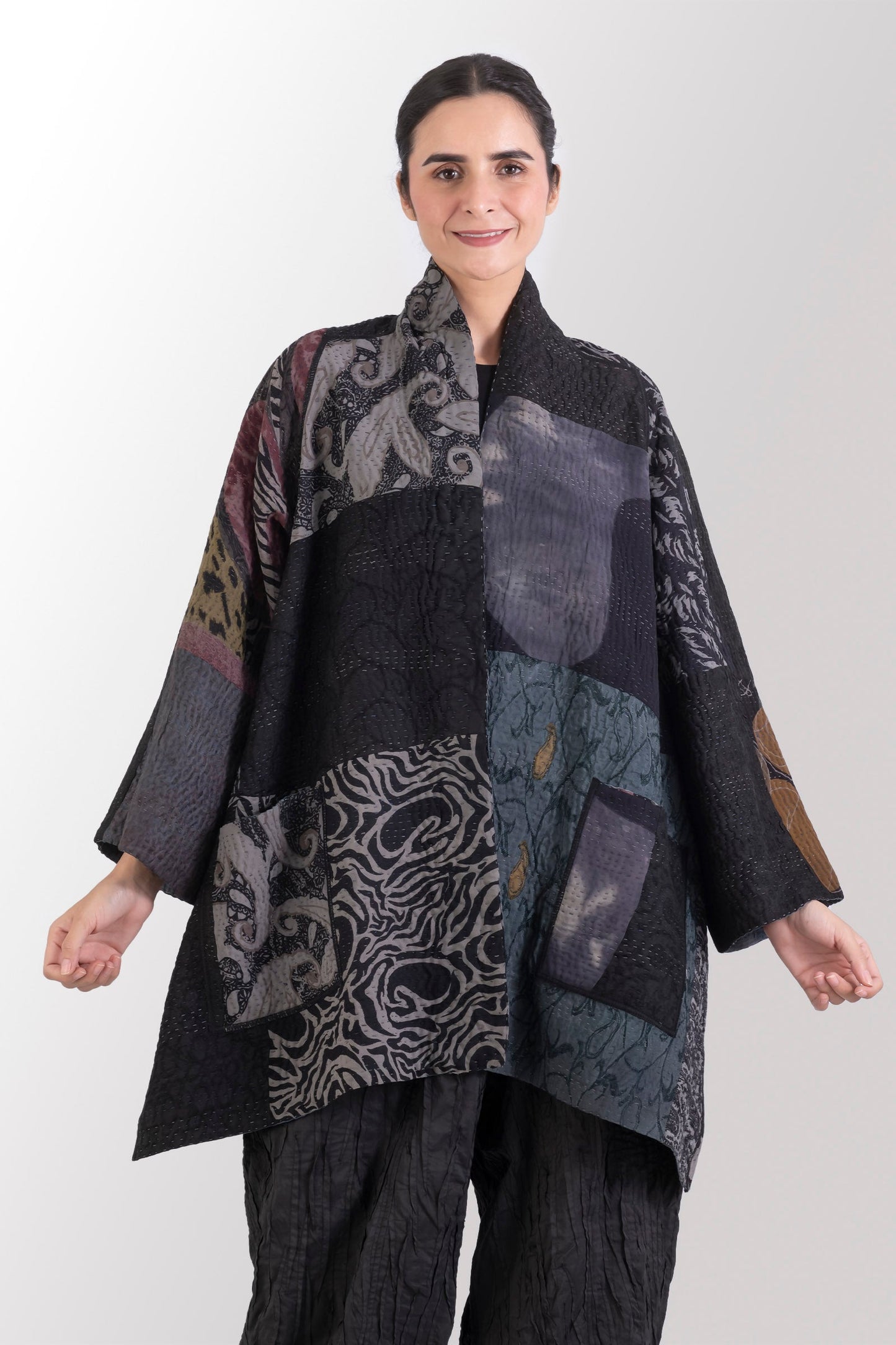 GJ4970-BLK / GEORGETTE JACQUARD VINTAGE SILK PATCH KANTHA -BLK (AVAILABLE JACKETS)