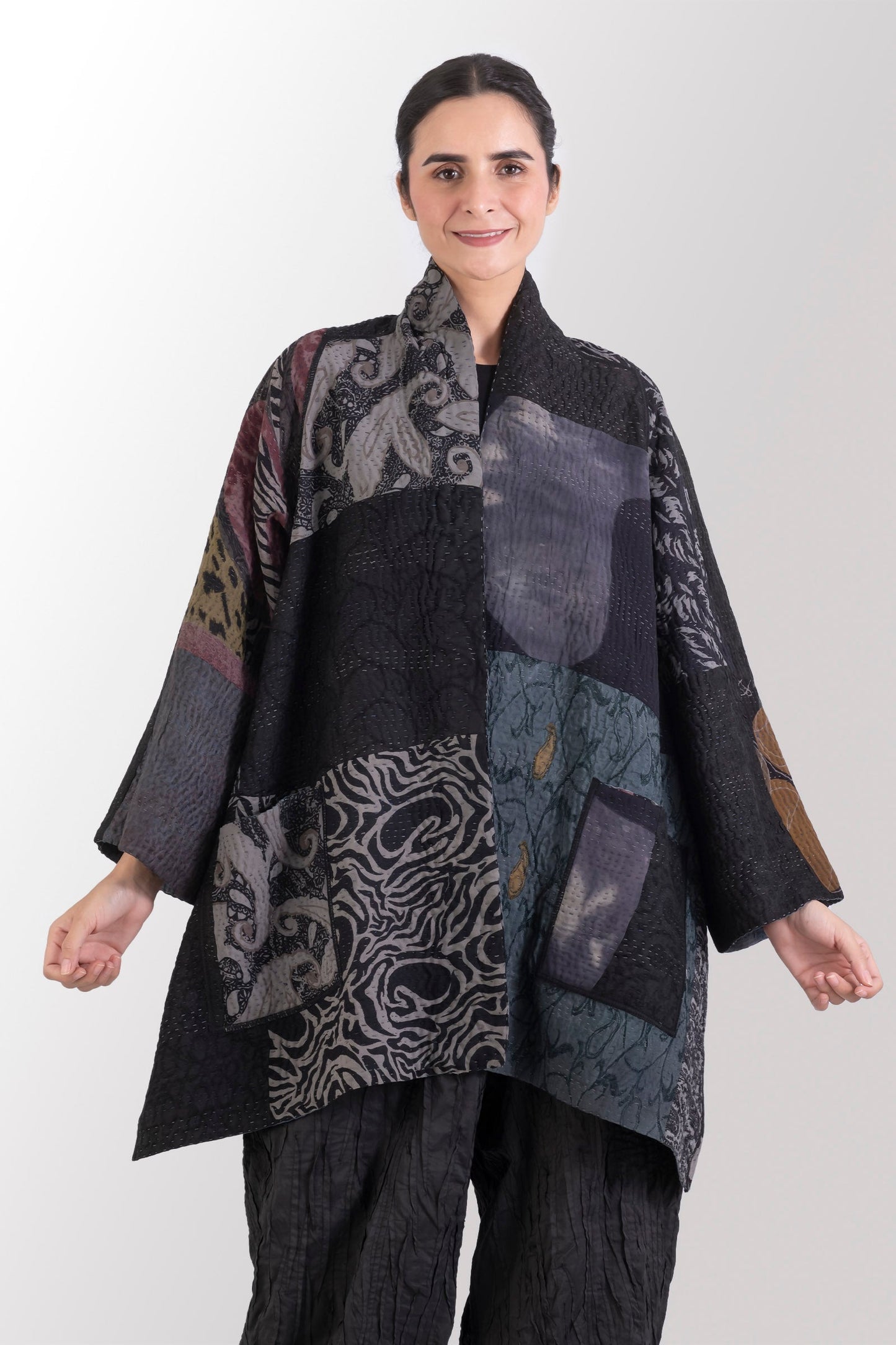 GJ4970-BLK / GEORGETTE JACQUARD VINTAGE SILK PATCH KANTHA -BLK (In Kantha)