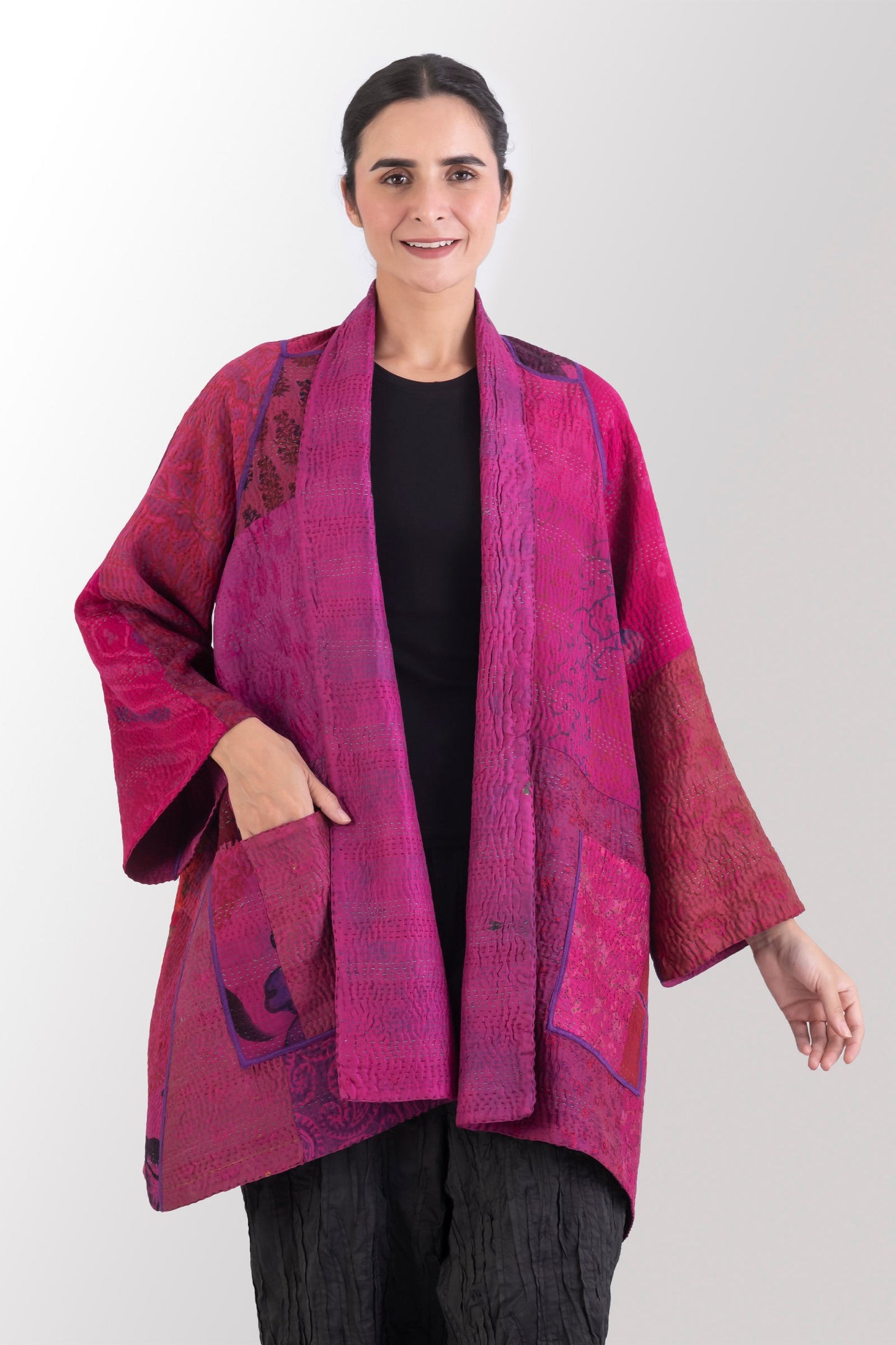 GJ4970-PIK / GEORGETTE JACQUARD VINTAGE SILK PATCH KANTHA -PIK (AVAILABLE JACKETS)