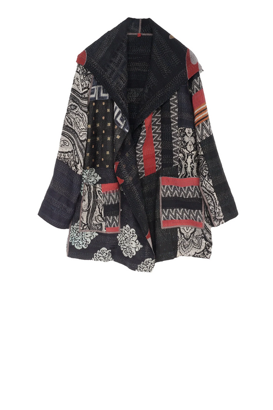 GS2801-BLK / GEORGETTE VINTAGE SILK PATCH KANTHA - SCARF STANDARD (AVAILABLE STOCK)