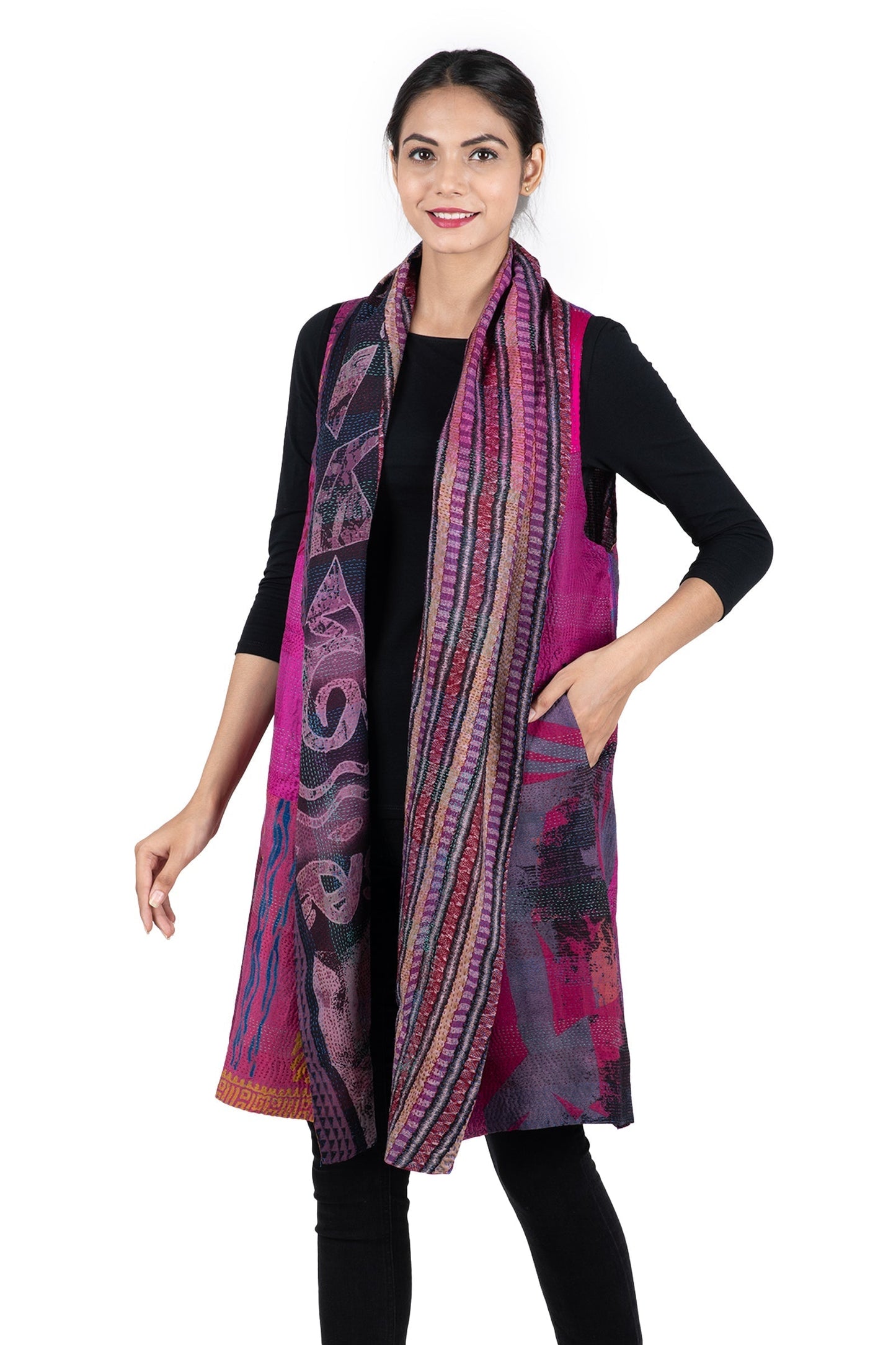 GS2805-PIK / GEORGETTE VINTAGE SILK PATCH KANTHA - SCARF SHORT (AVAILABLE STOCK)