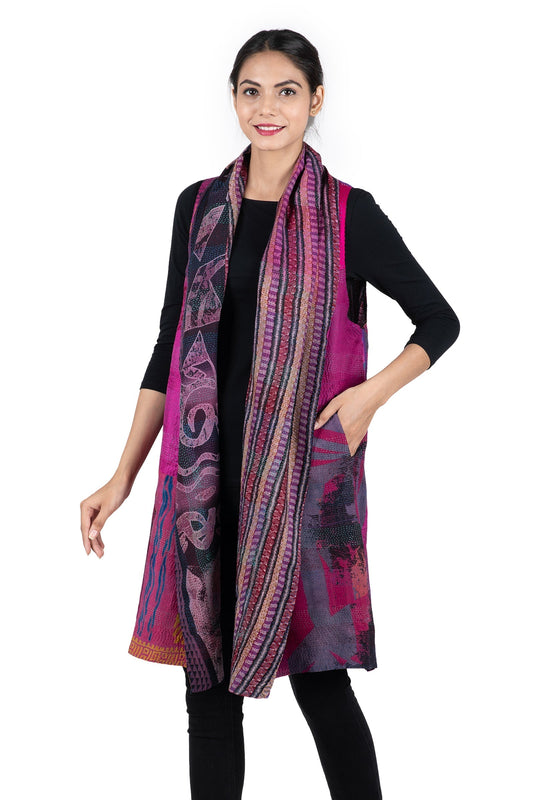 GS2805-PIK / GEORGETTE VINTAGE SILK PATCH KANTHA - SCARF SHORT (AVAILABLE STOCK)