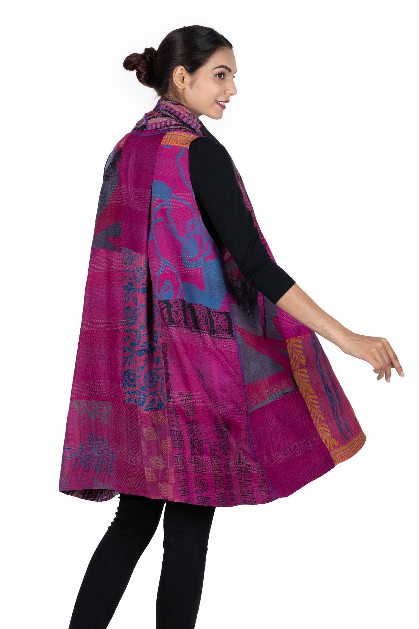 GS2805-PIK / GEORGETTE VINTAGE SILK PATCH KANTHA - SCARF SHORT (AVAILABLE STOCK)
