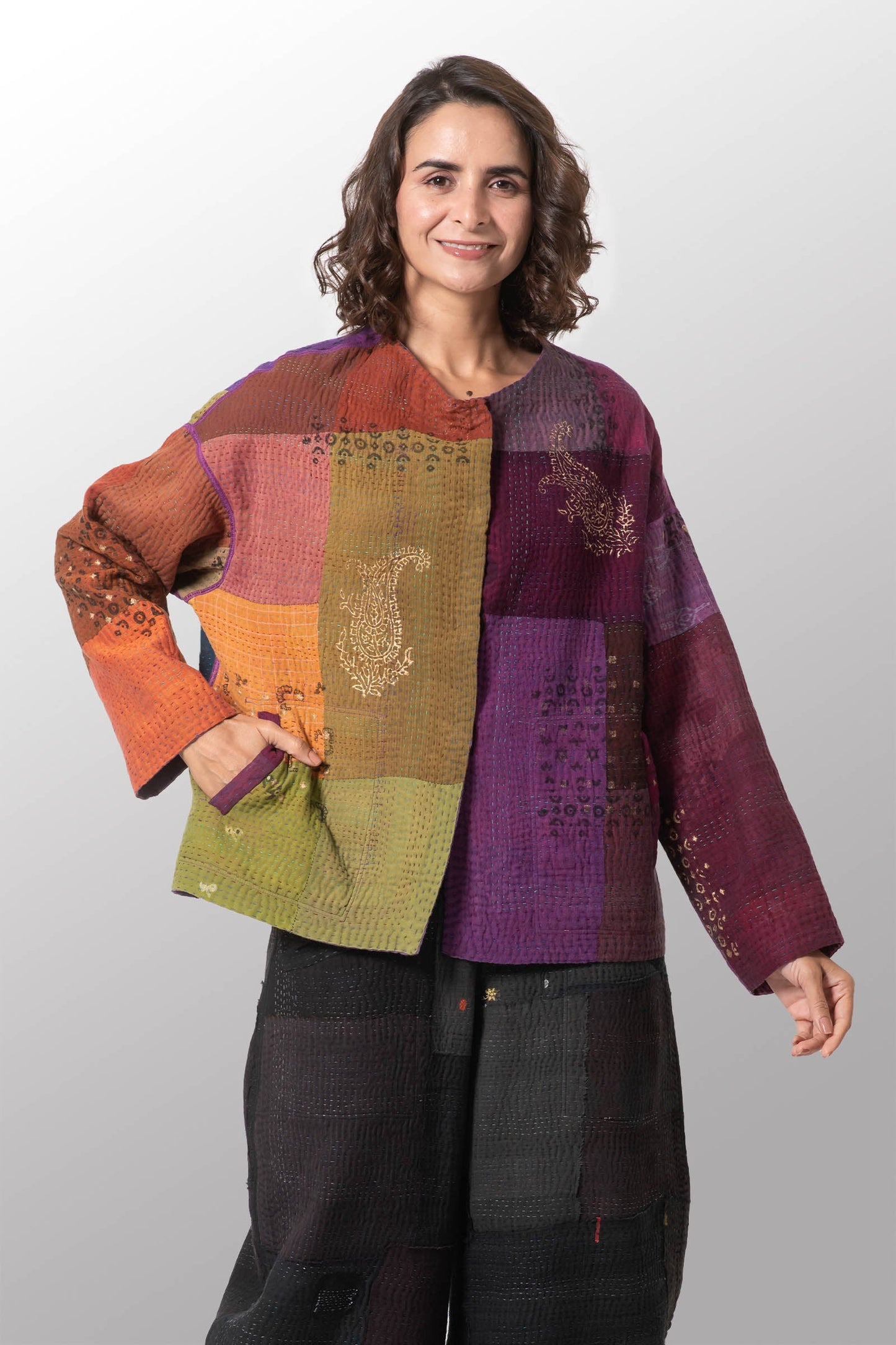 OG4970-MLT / OMBRE PATCHED GOLD STAMP KANTHA -MLT (AVAILABLE JACKETS)