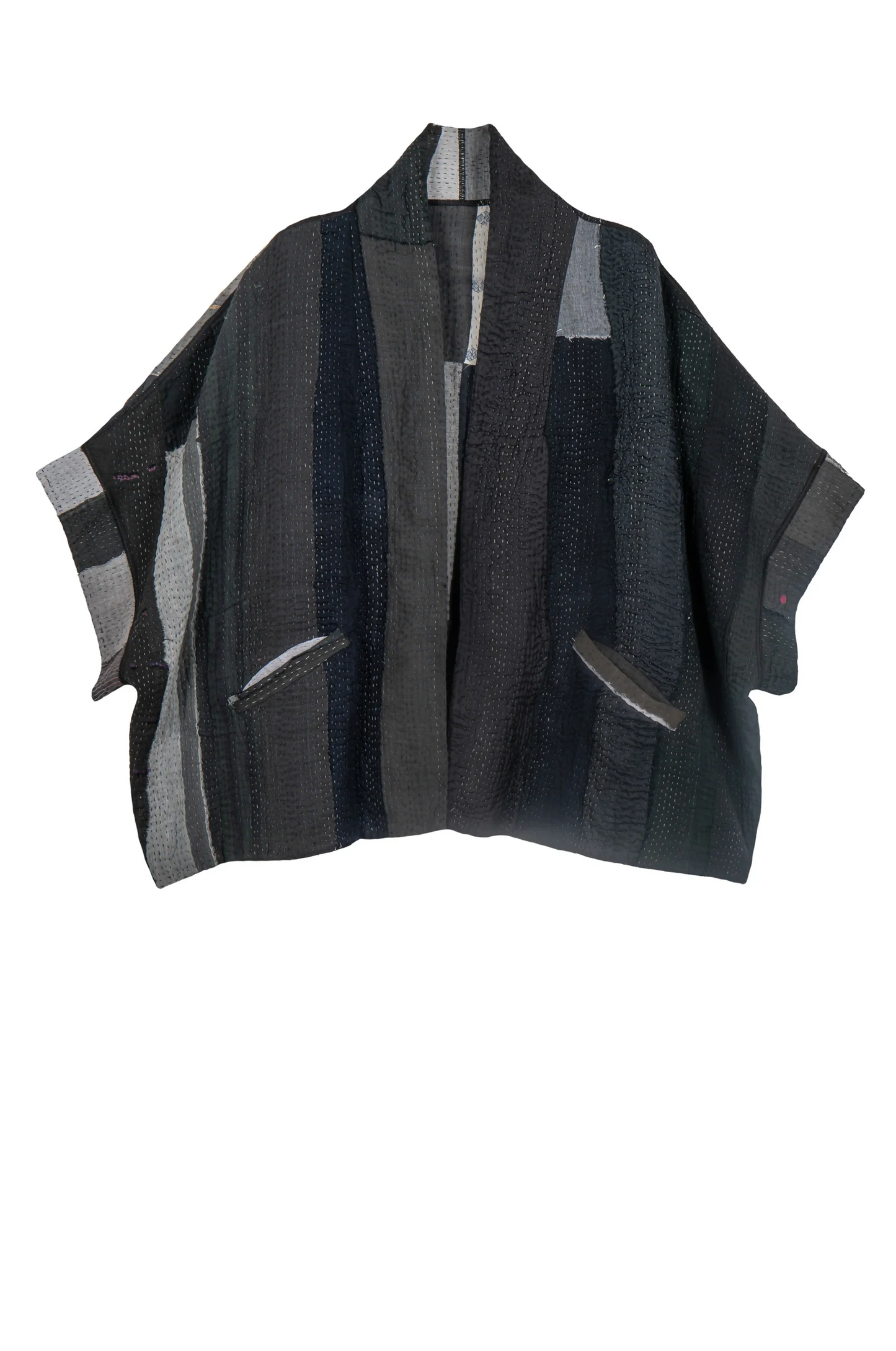 SS4970-BLK / STRIPE AND CHECH COTTON SILK PATCH KANTHA -BLK- (AVAILABLE JACKETS)