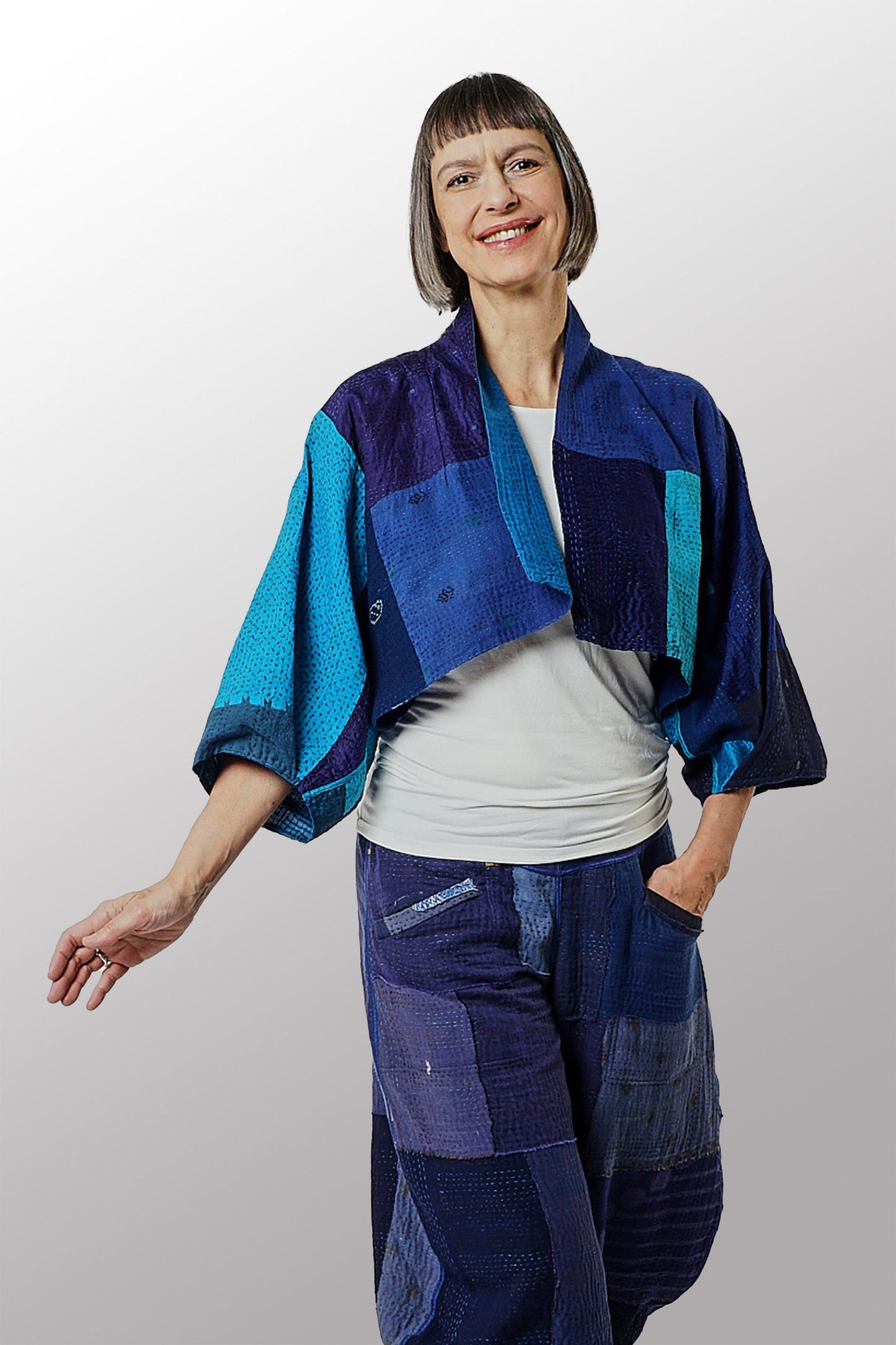 WO2970-BLU / COTTON SILK SW PATCH OMBRE KANTHA -BLU (AVAILABLE JACKETS)